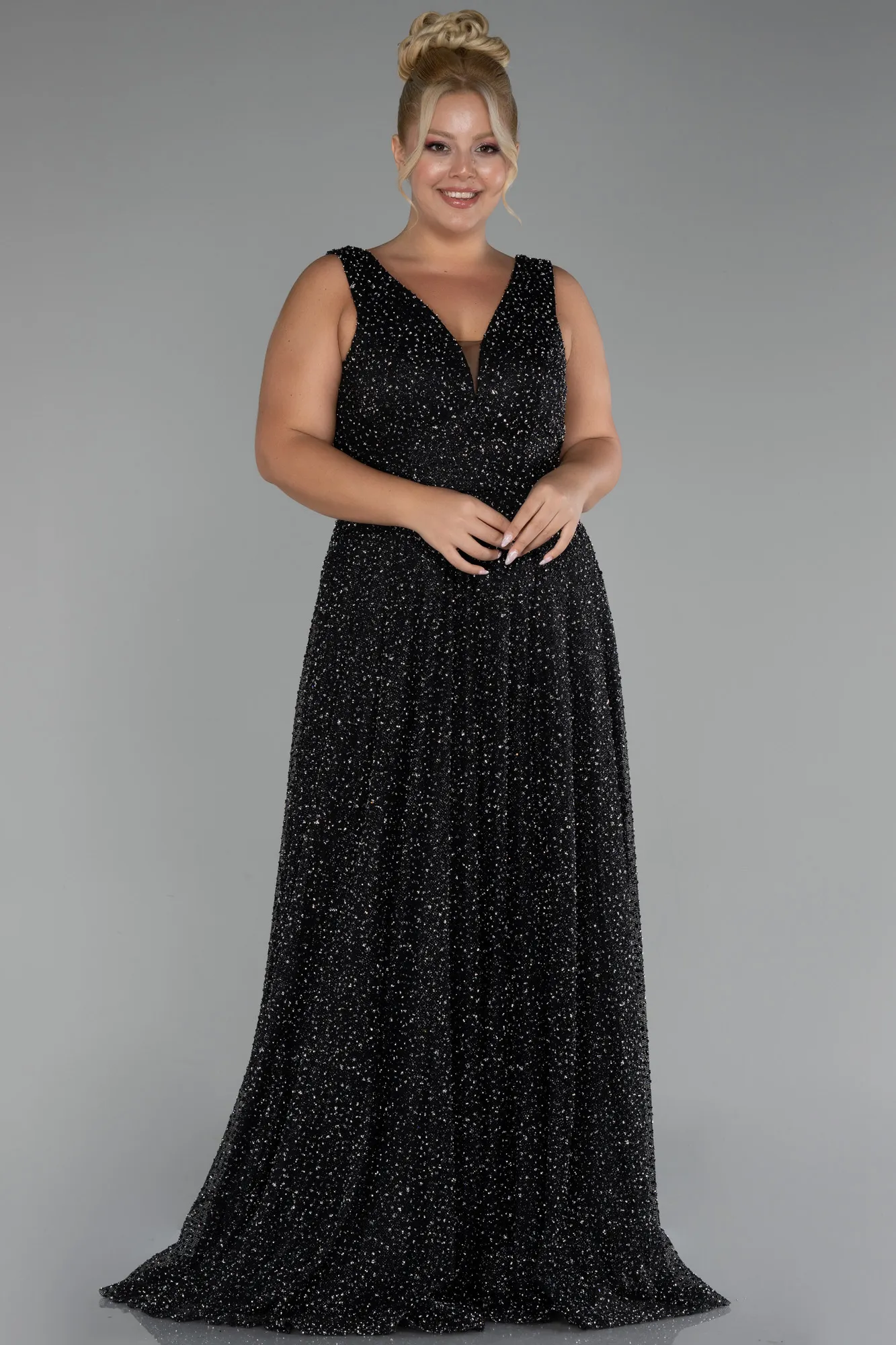 Black-Sleevess Stony Long Plus Size Special Design Evening Dress ABU4147