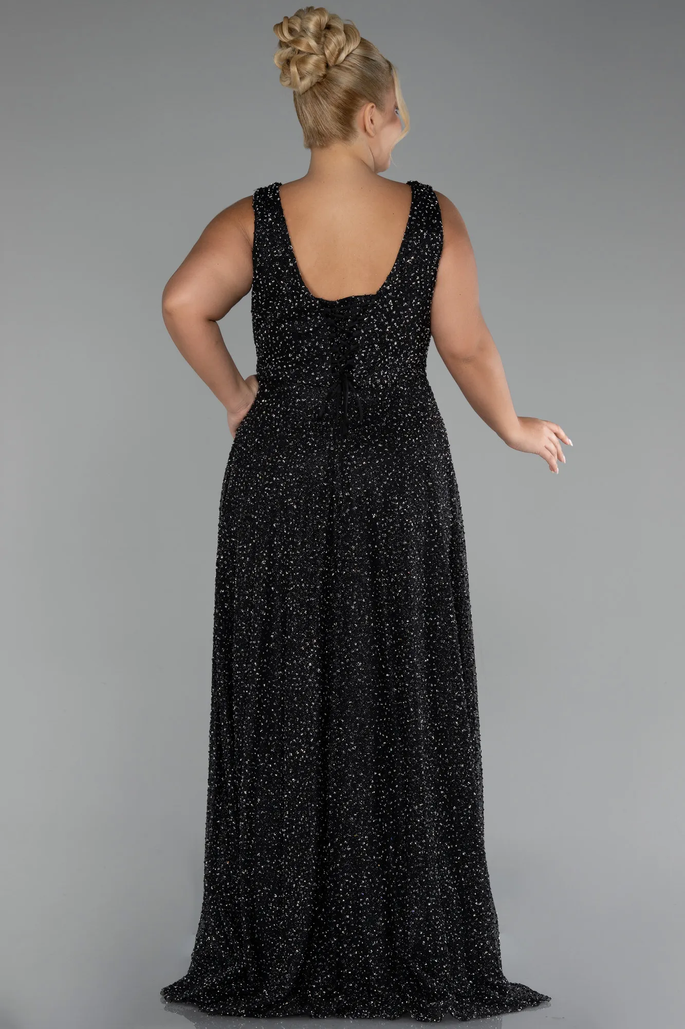 Black-Sleevess Stony Long Plus Size Special Design Evening Dress ABU4147