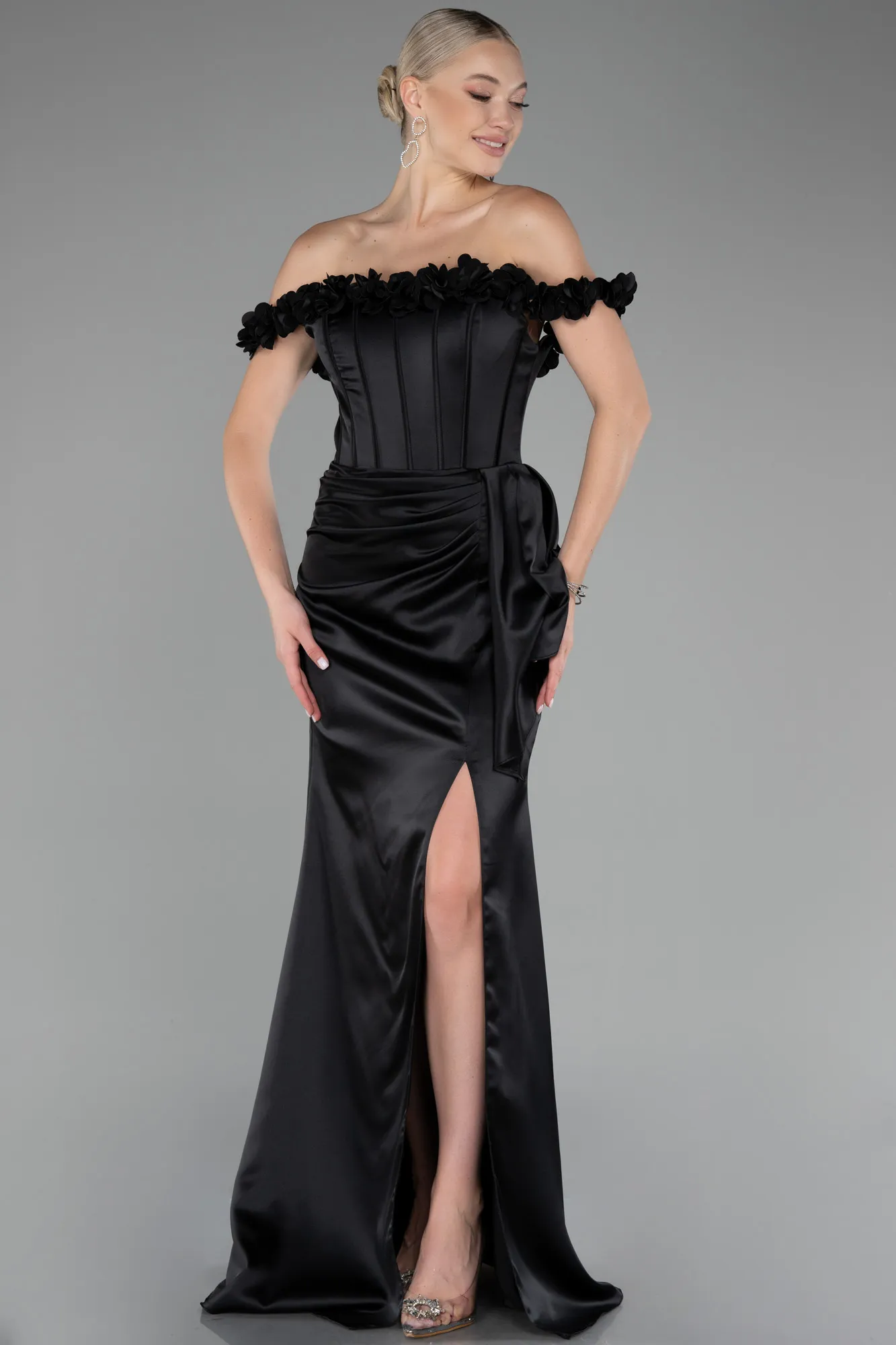 Black-Slit Boat Neck Long Satin Evening Dress ABU4055