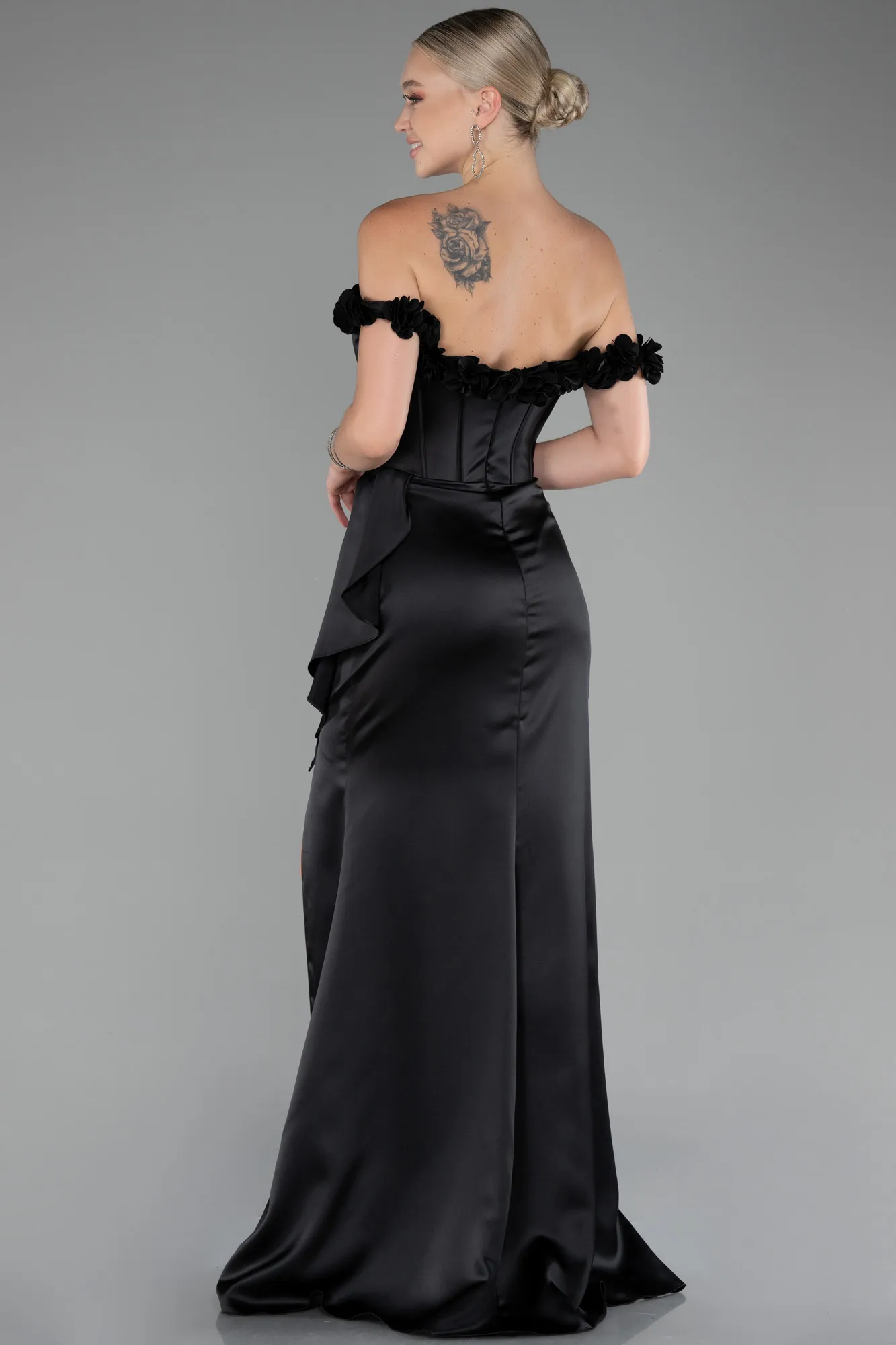 Black-Slit Boat Neck Long Satin Evening Dress ABU4055