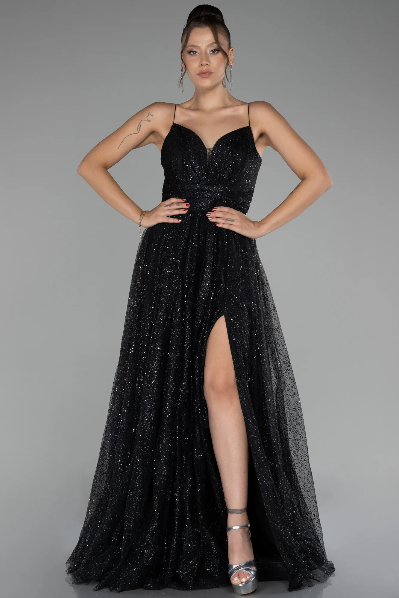 Black-Slit Long Glitter Prom Gown ABU4152