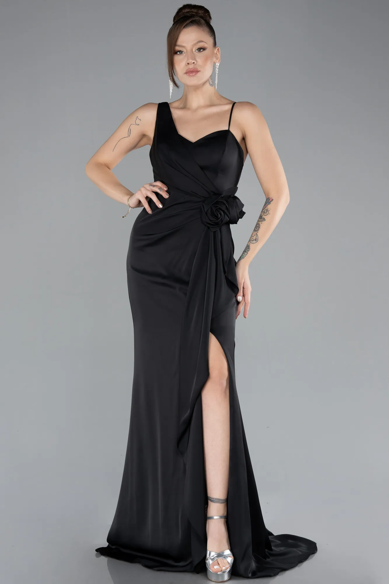 Black-Slit Long Satin Evening Gown ABU4498