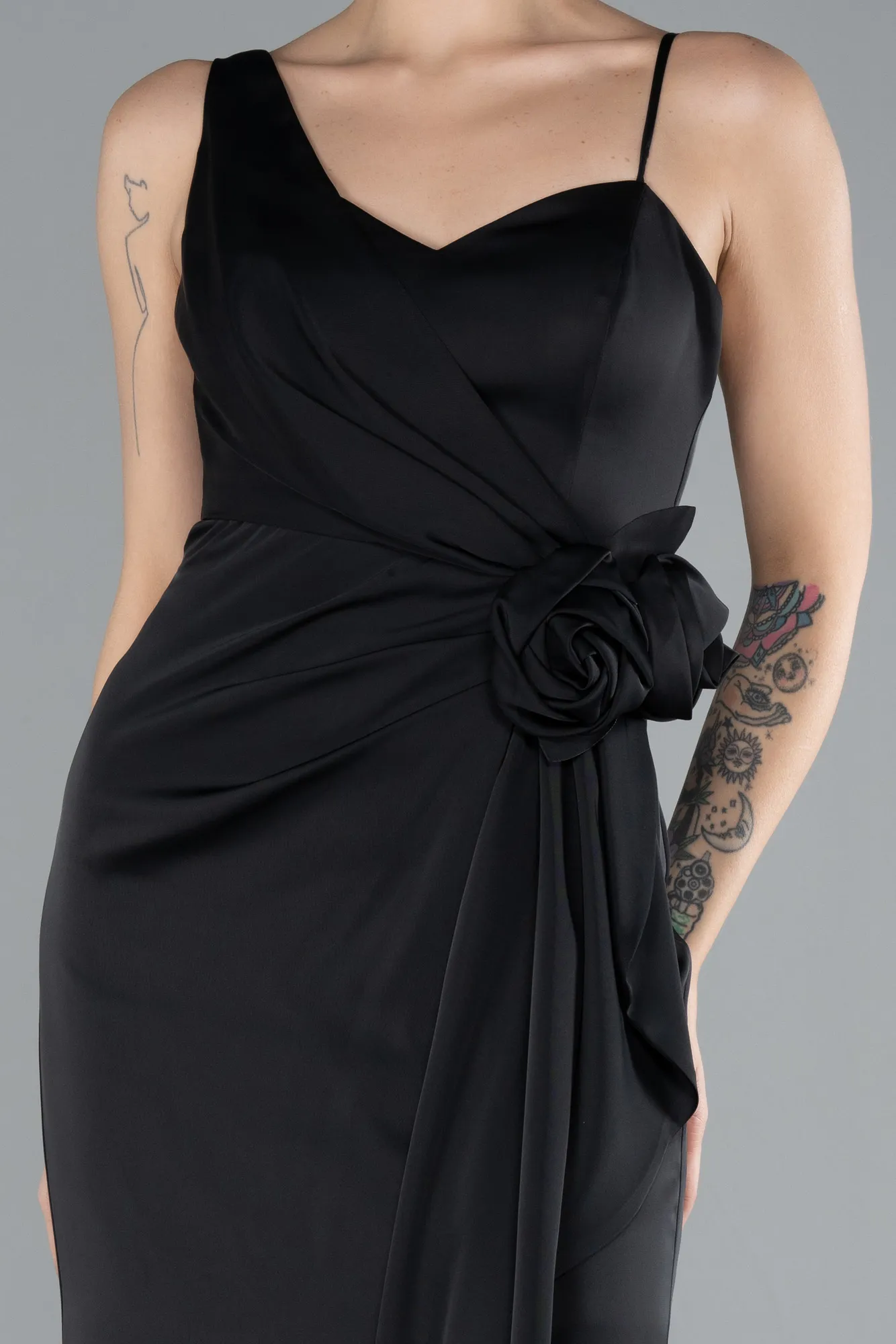 Black-Slit Long Satin Evening Gown ABU4498