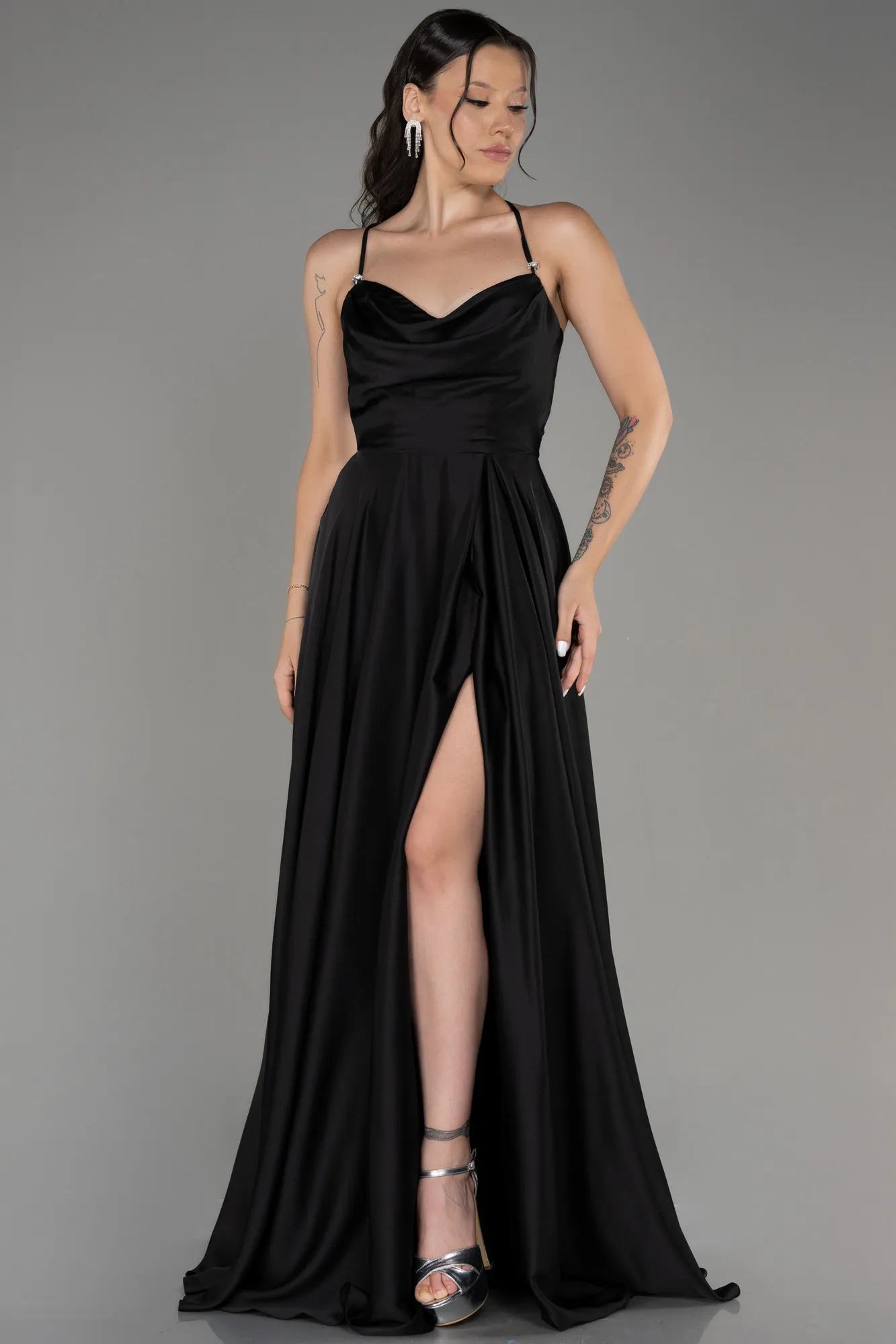 Black-Slit Long Satin Prom Dress ABU4017