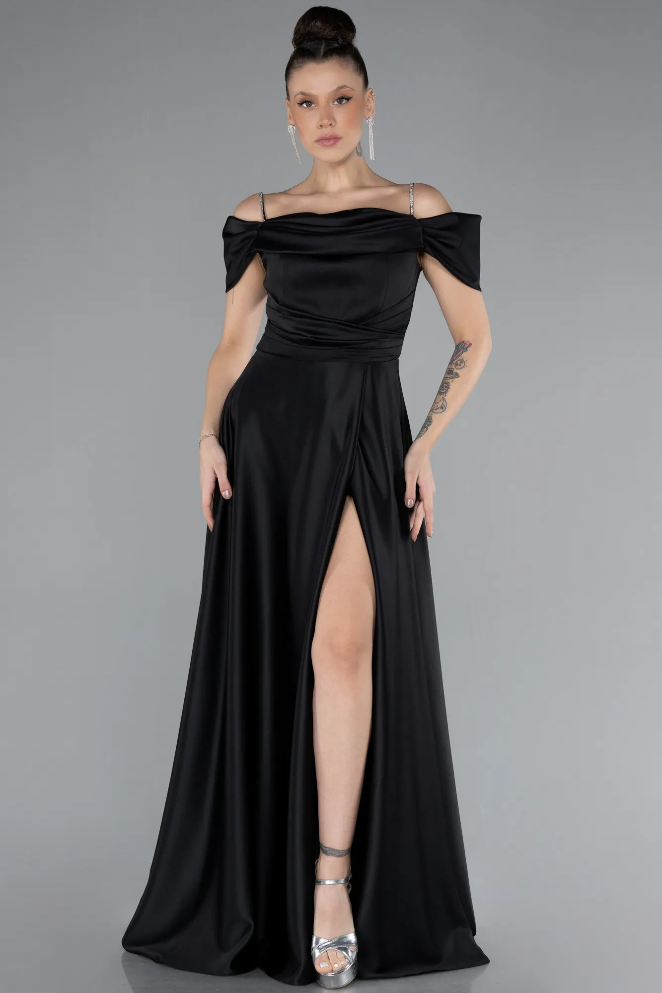 Black-Slit Long Satin Prom Gown ABU4531