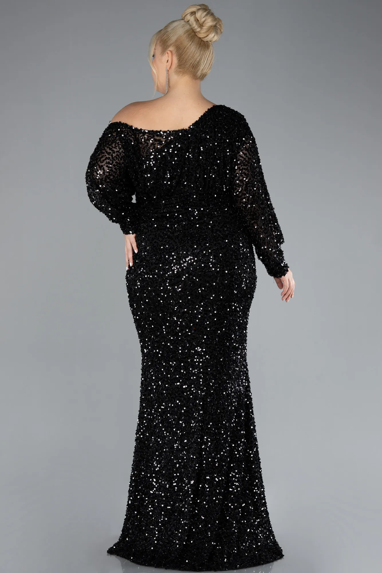 Black-Slit Long Sleeve Scaly Plus Size Evening Gown ABU4313