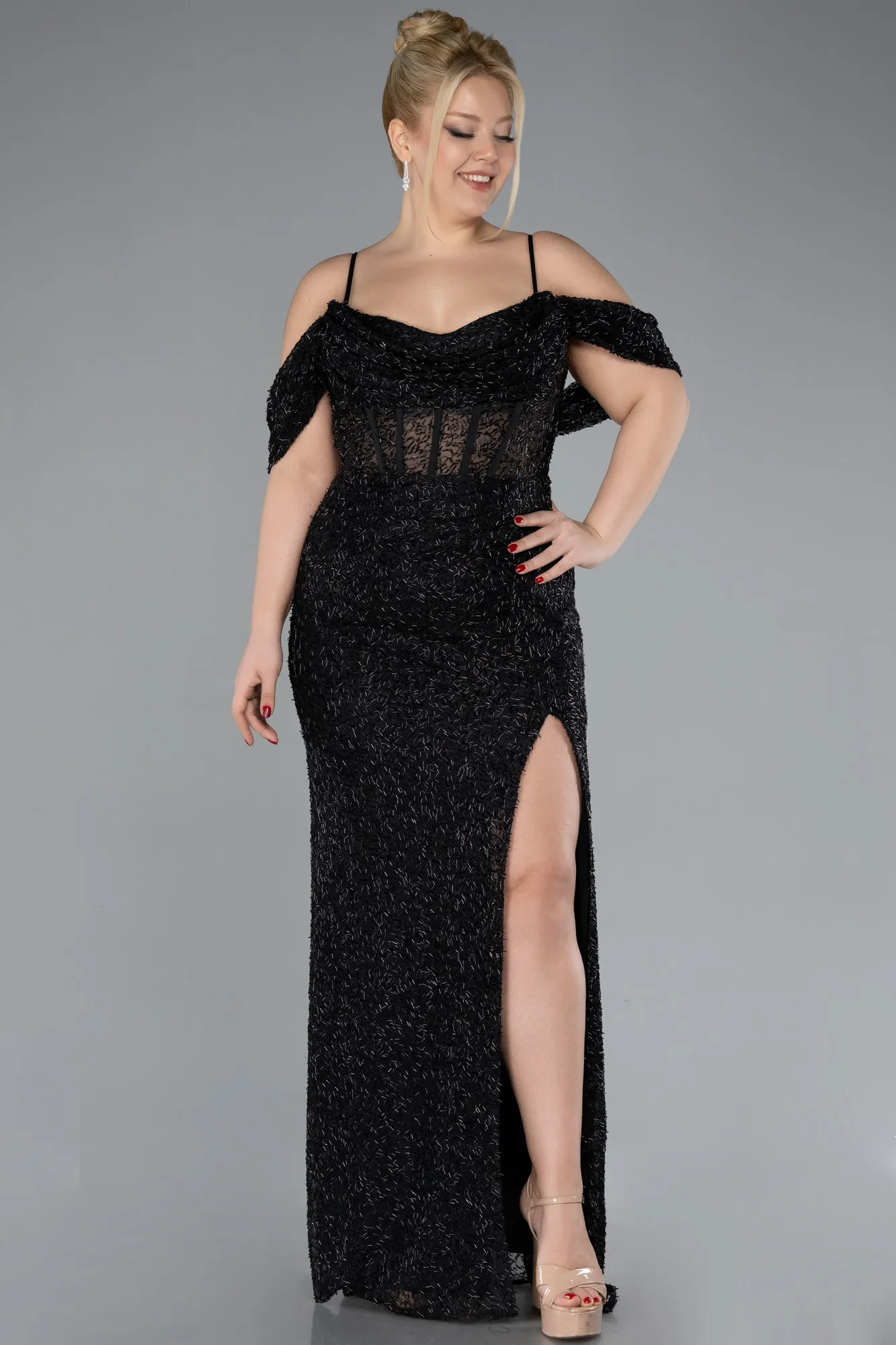 Black-Slit Long Stone Plus Size Prom Dress ABU4395