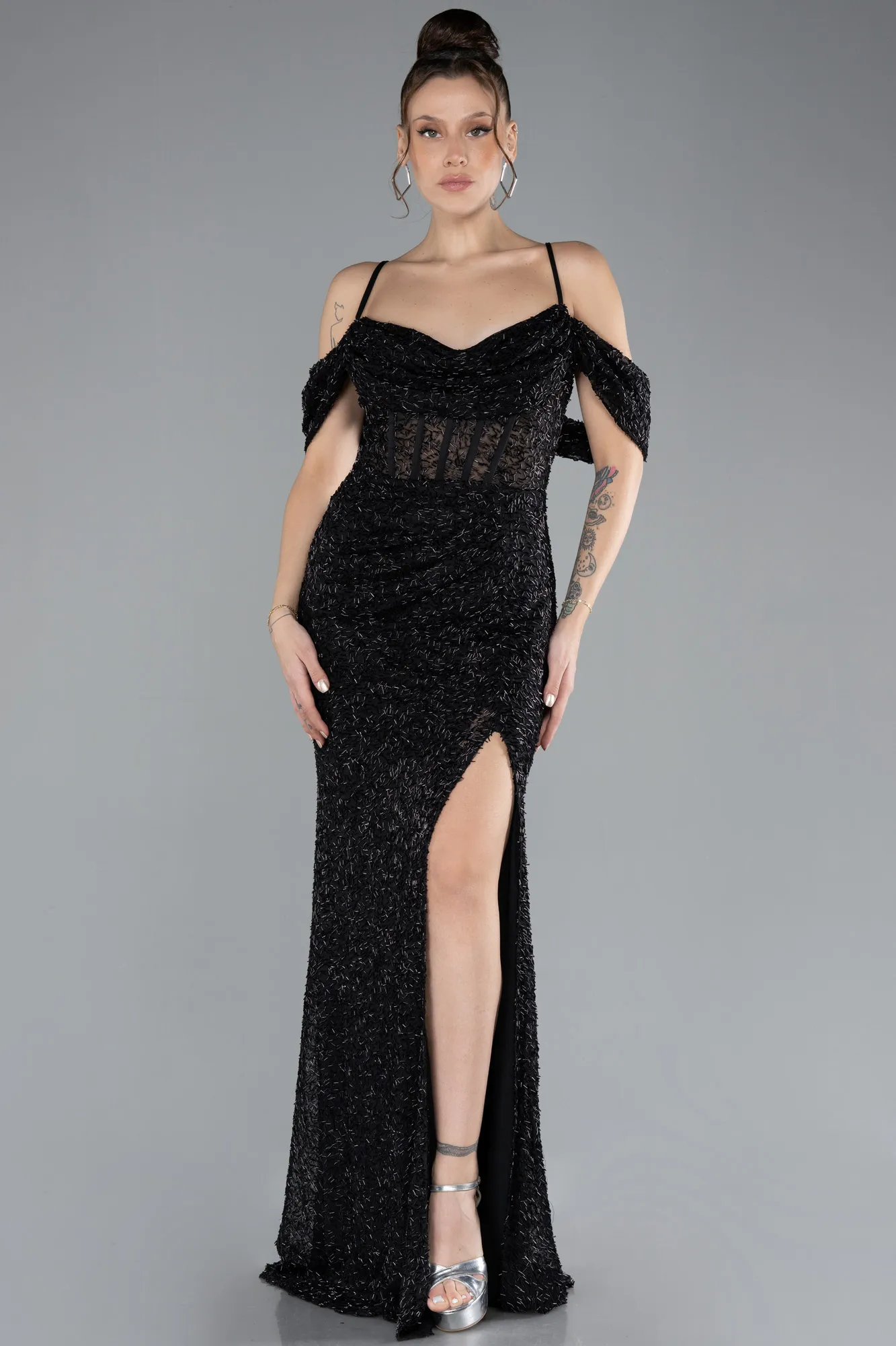 Black-Slit Long Stone Prom Gown ABU4394