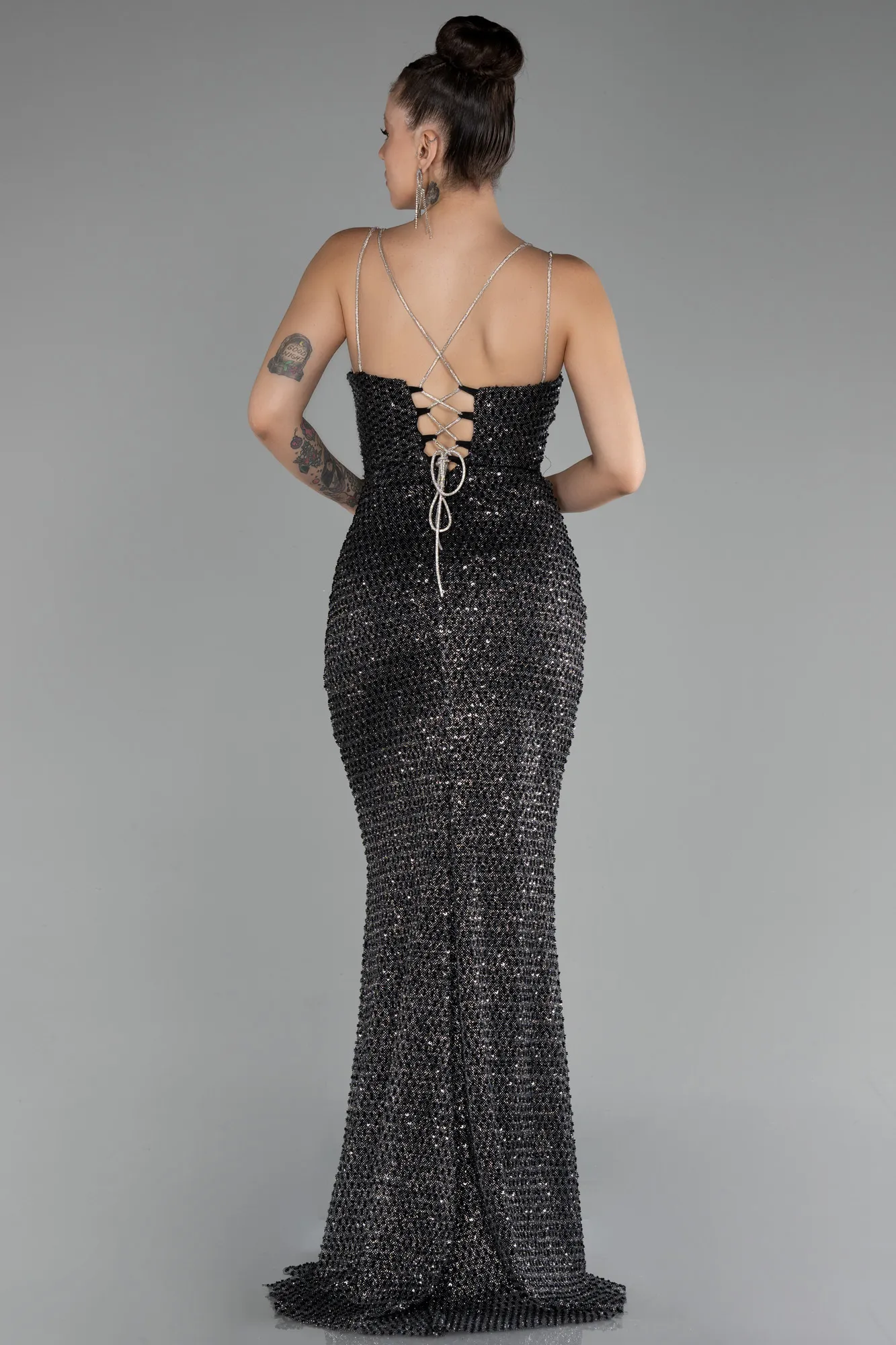 Black-Slit Long Stony Evening Dress ABU4164