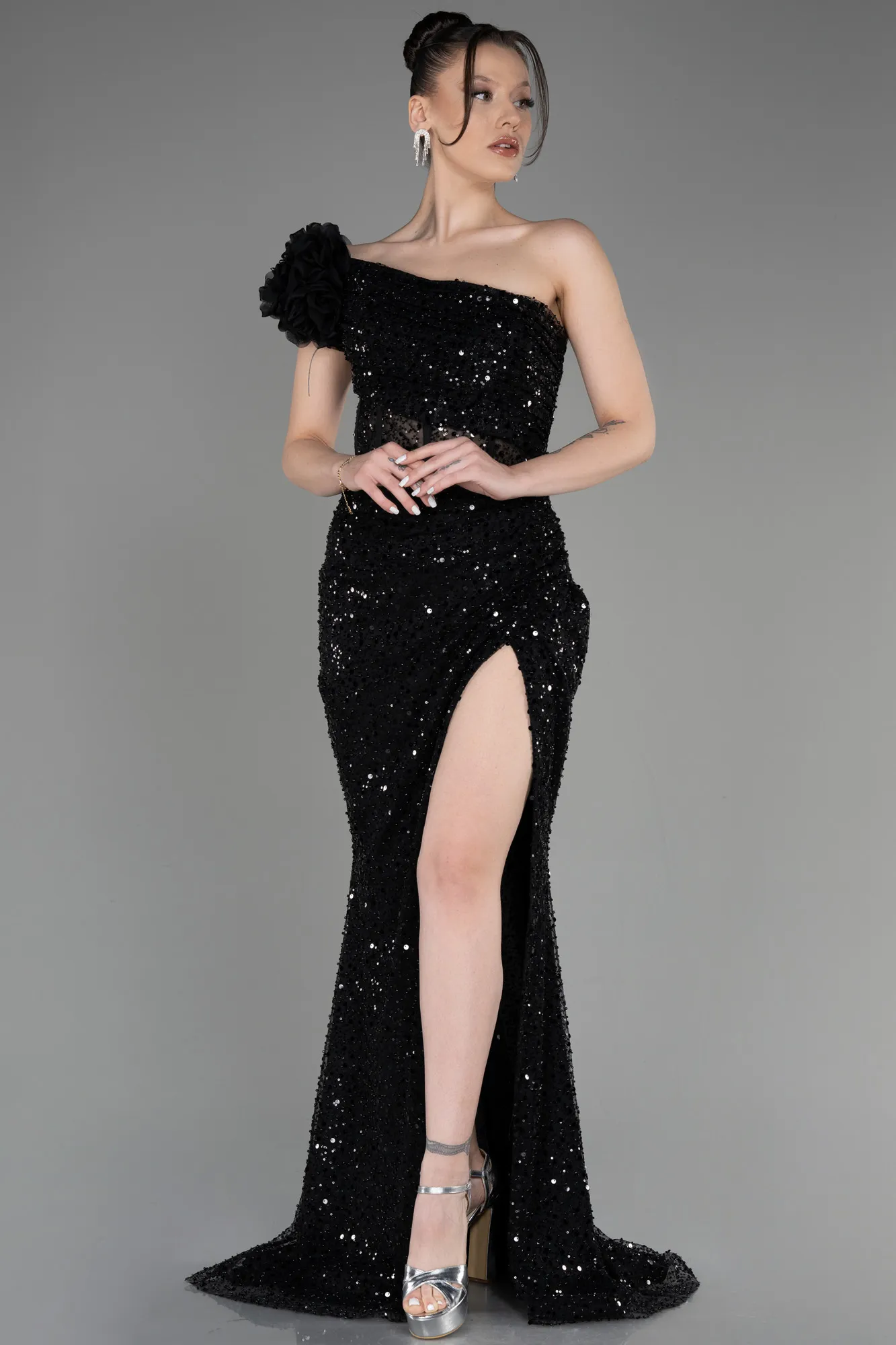 Black-Slit Scaly Long Evening Gown ABU3865