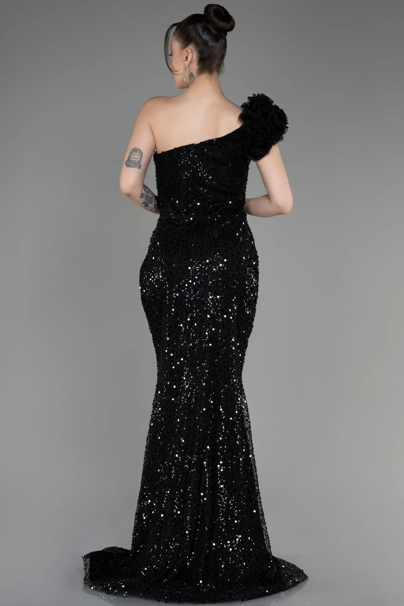 Black-Slit Scaly Long Evening Gown ABU3865