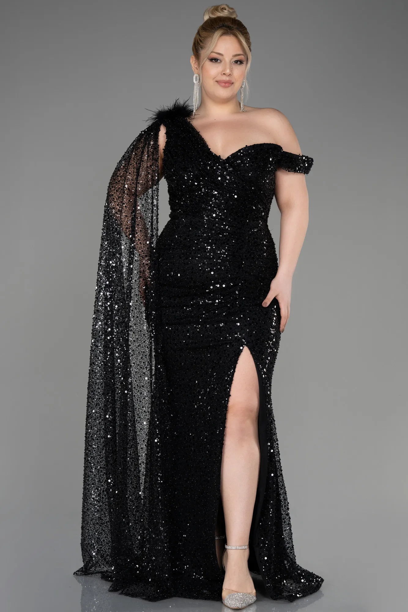 Black-Slit Scaly Long Plus Size Evening Dress ABU3859