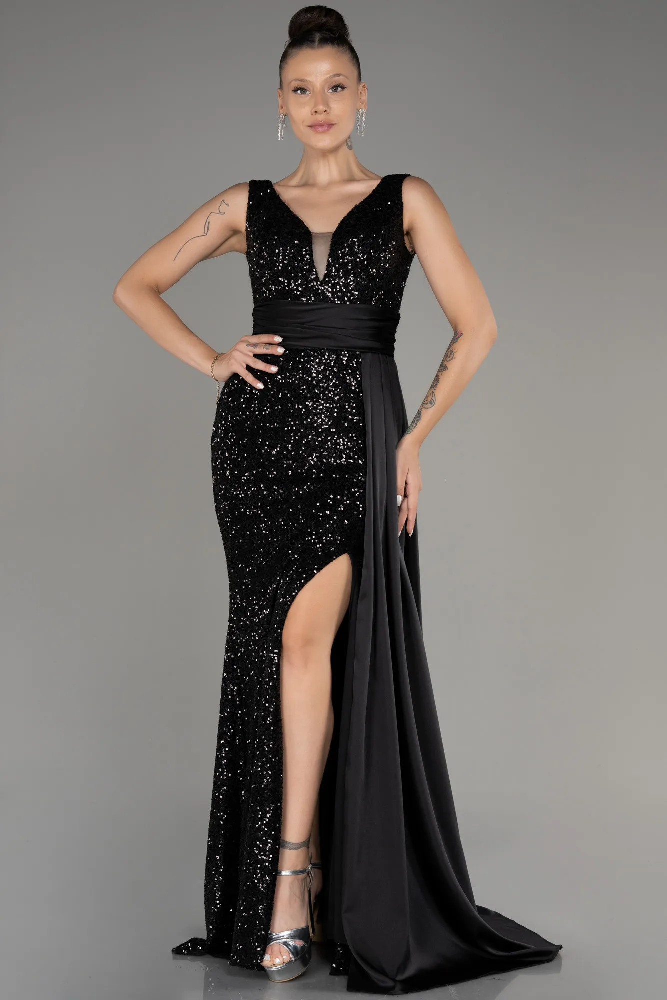 Black-Slit Sequined Long Evening Dress ABU4028