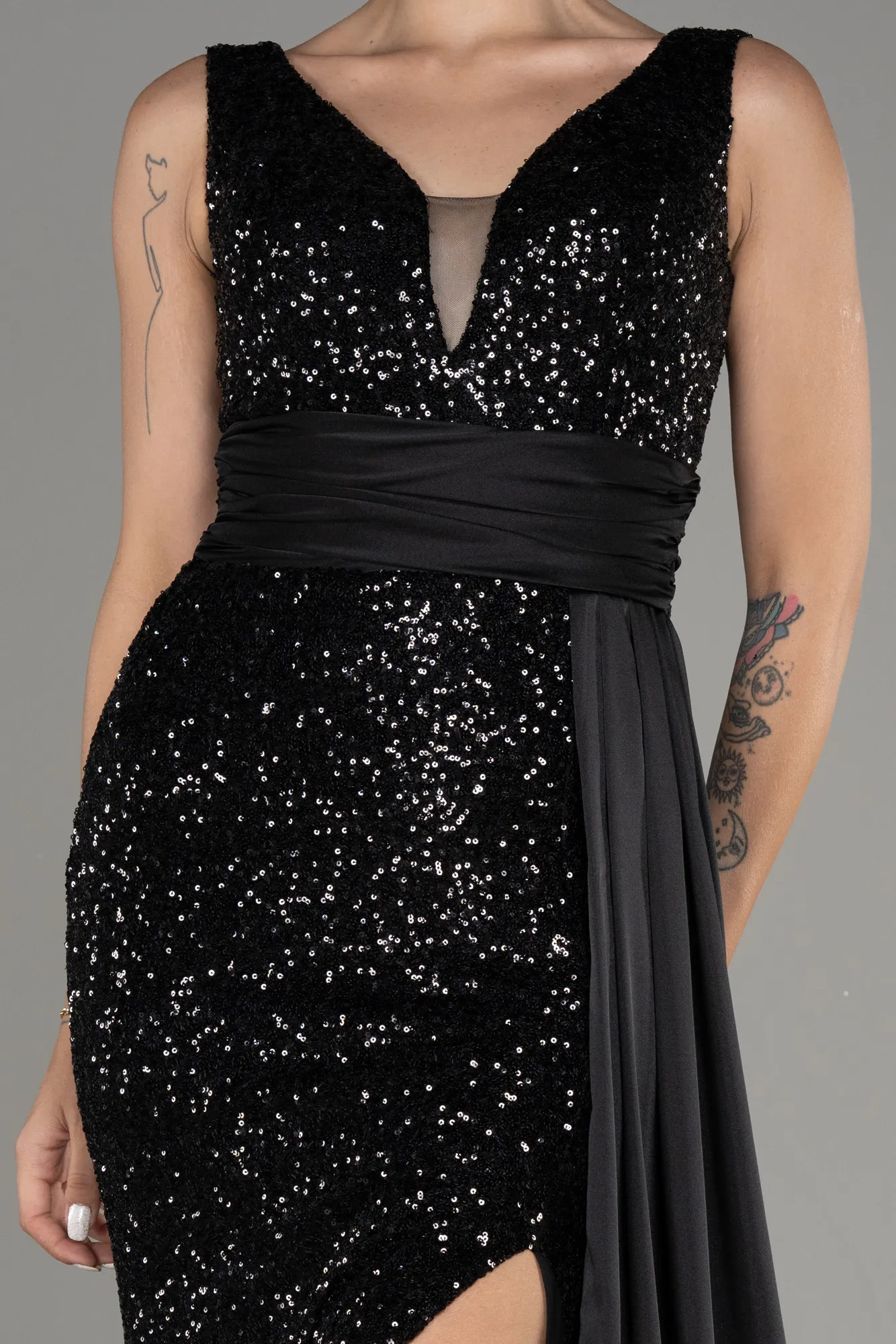 Black-Slit Sequined Long Evening Dress ABU4028