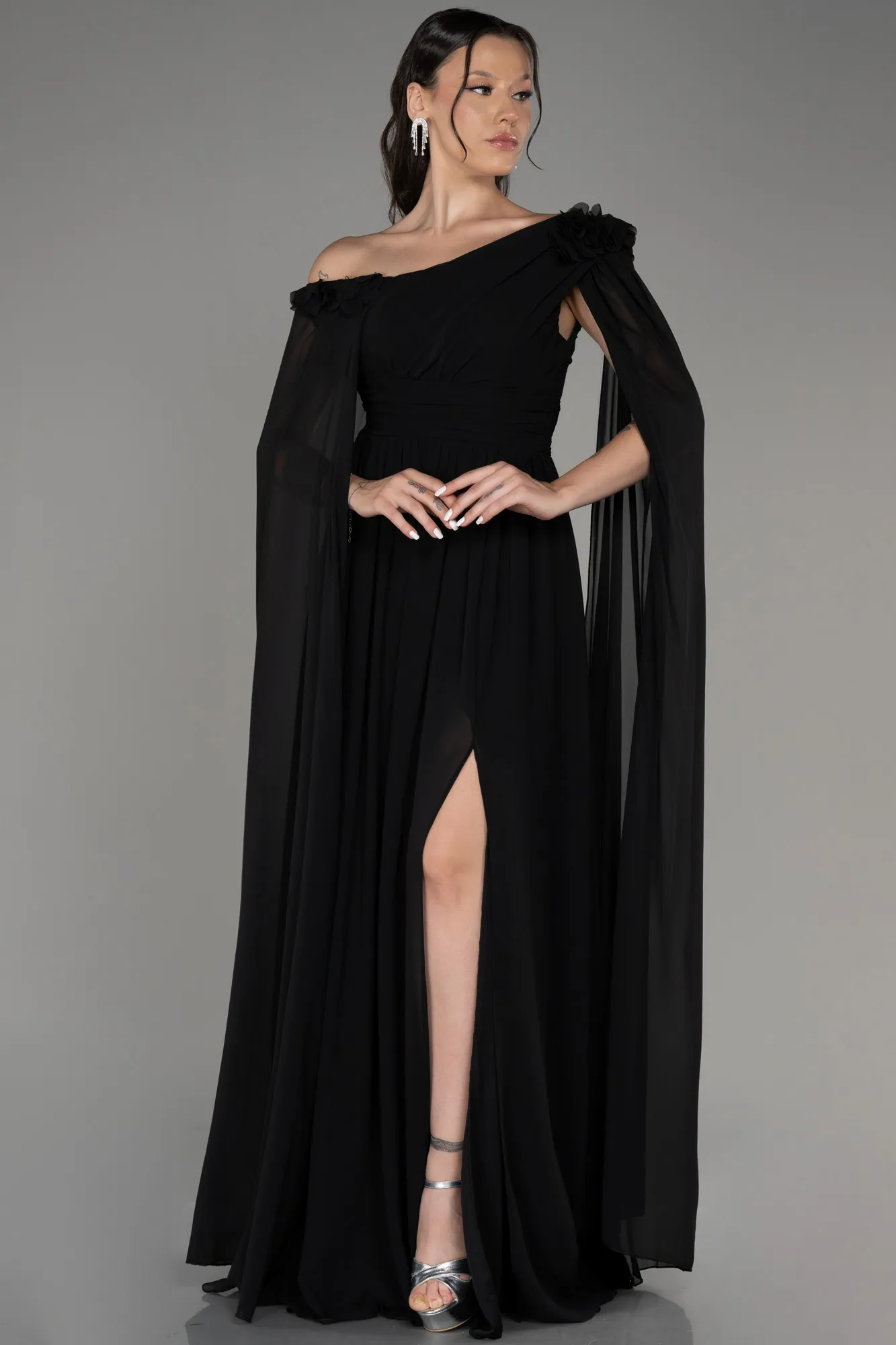 Black-Slit Shawl Long Chiffon Evening Dress ABU4001