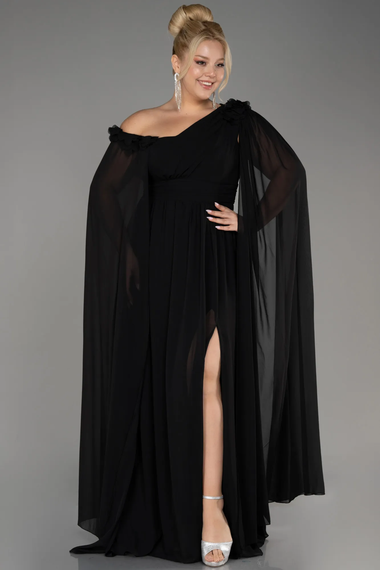 Black-Slit Shawl Long Chiffon Plus Size Evening Dress ABU4002