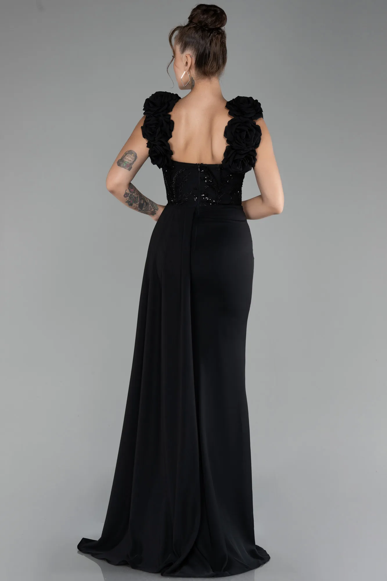 Black-Slit Strap Flowers Long Chiffon Evening Gown ABU4272