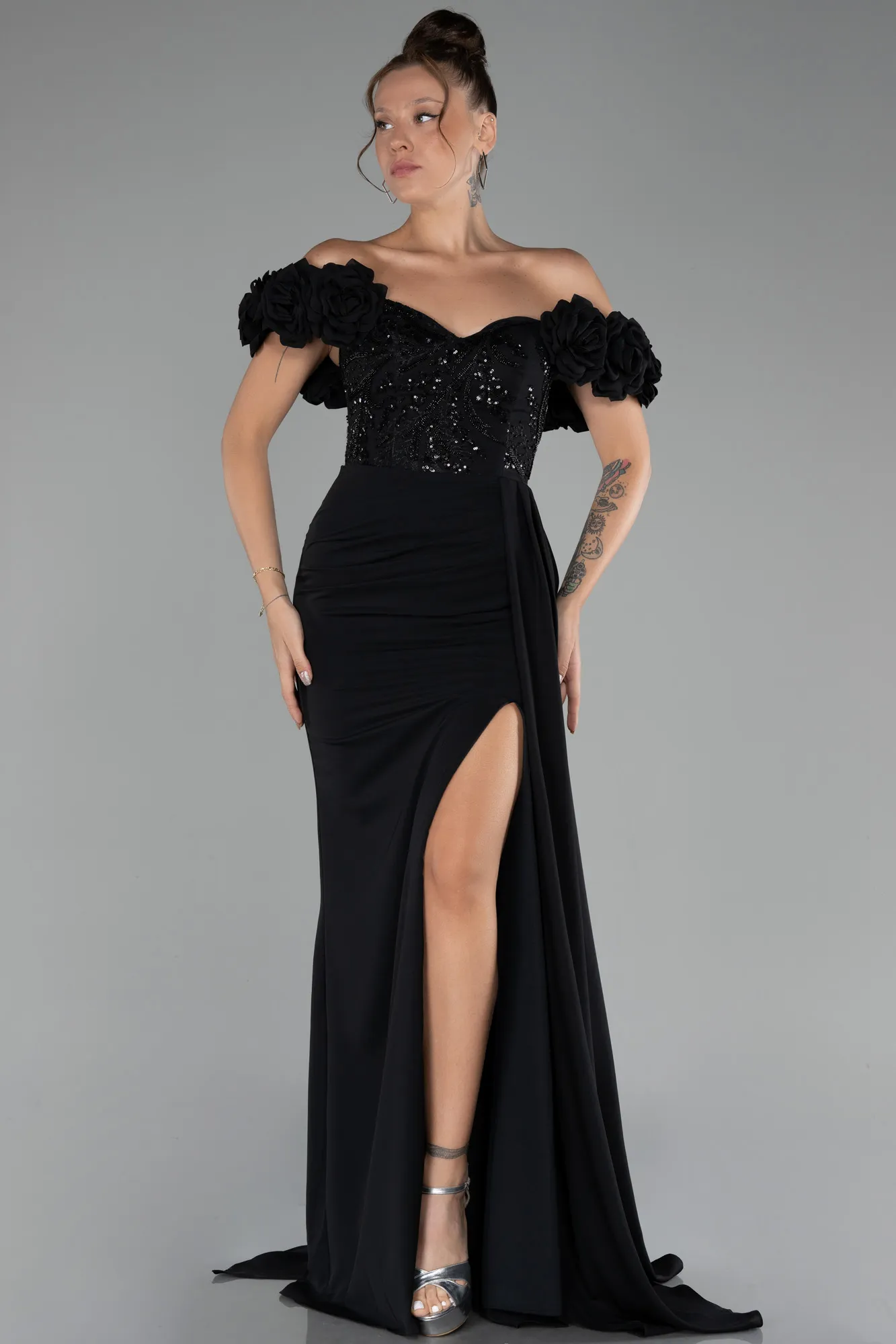 Black-Slit Strap Flowers Long Chiffon Evening Gown ABU4272