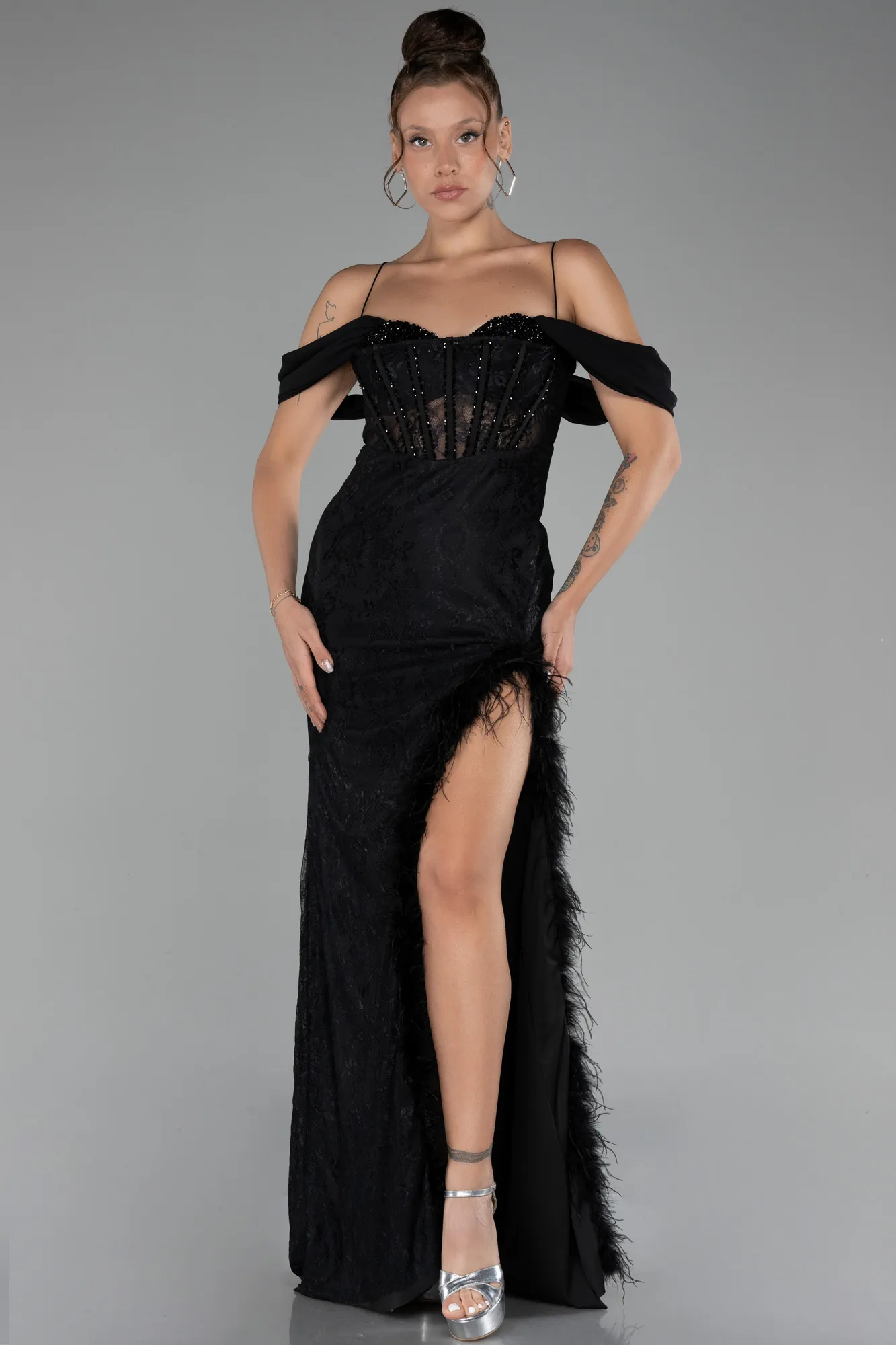 Black-Slit Underwire Long Lace Evening Gown ABU4270