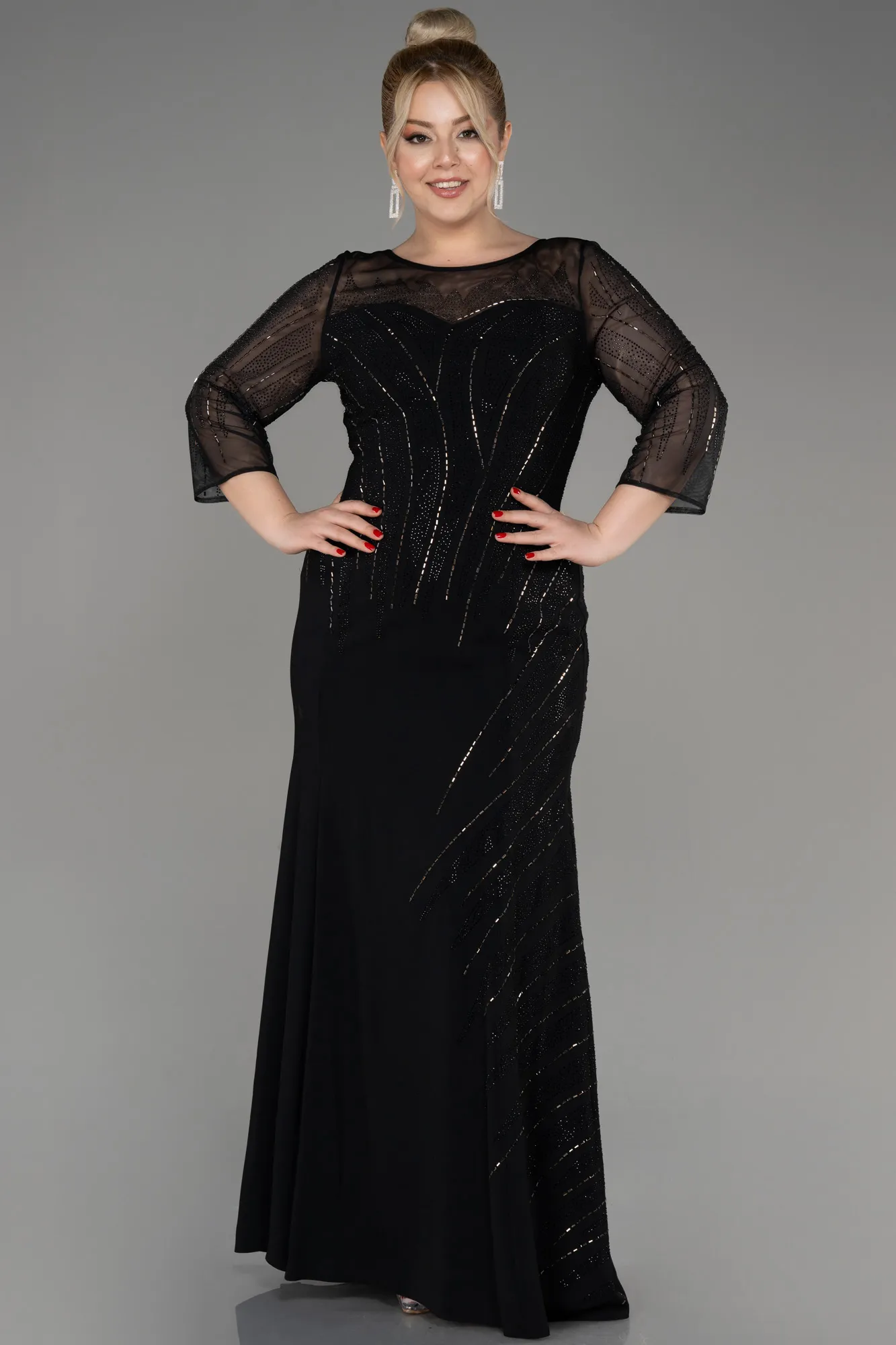 Black-Stoned Capri Sleeve Long Plus Size Evening Dress ABU3931