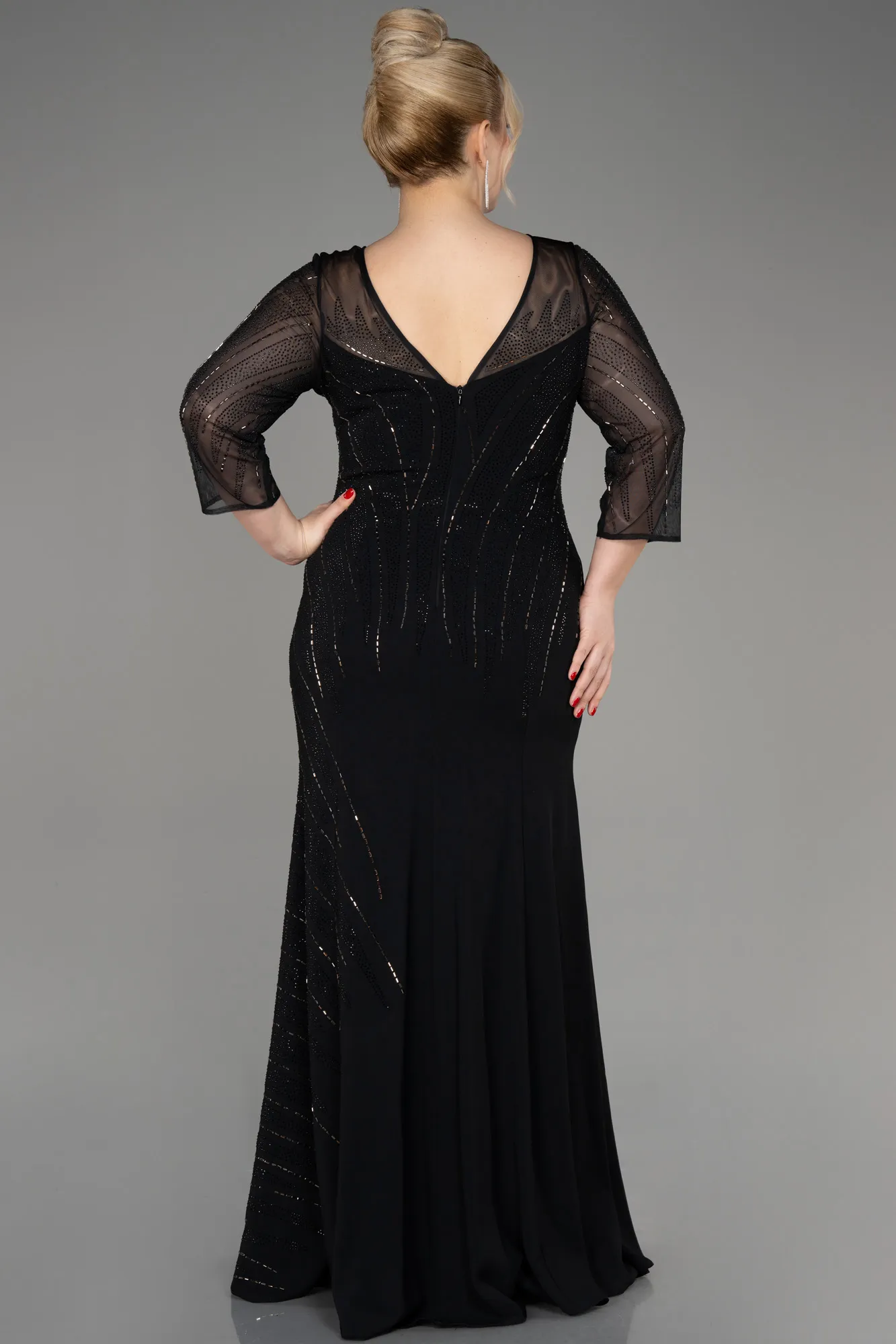 Black-Stoned Capri Sleeve Long Plus Size Evening Dress ABU3931