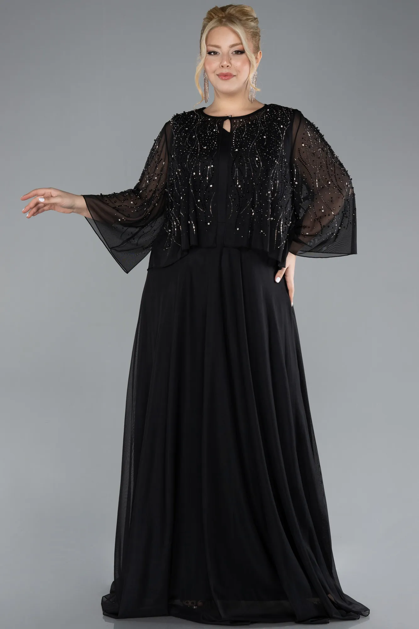 Black-Stoned Capri Sleeve Long Plus Size Evening Dress ABU4389