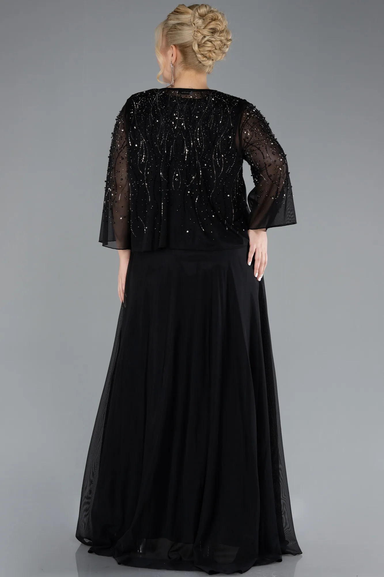 Black-Stoned Capri Sleeve Long Plus Size Evening Dress ABU4389