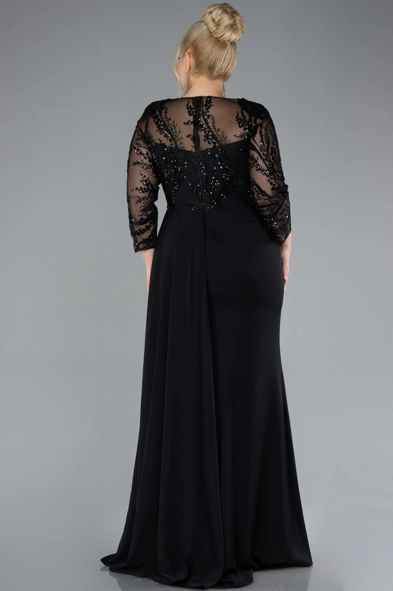 Black-Stoned Capri Sleeve Slit Chiffon Plus Size Evening Gown ABU4294