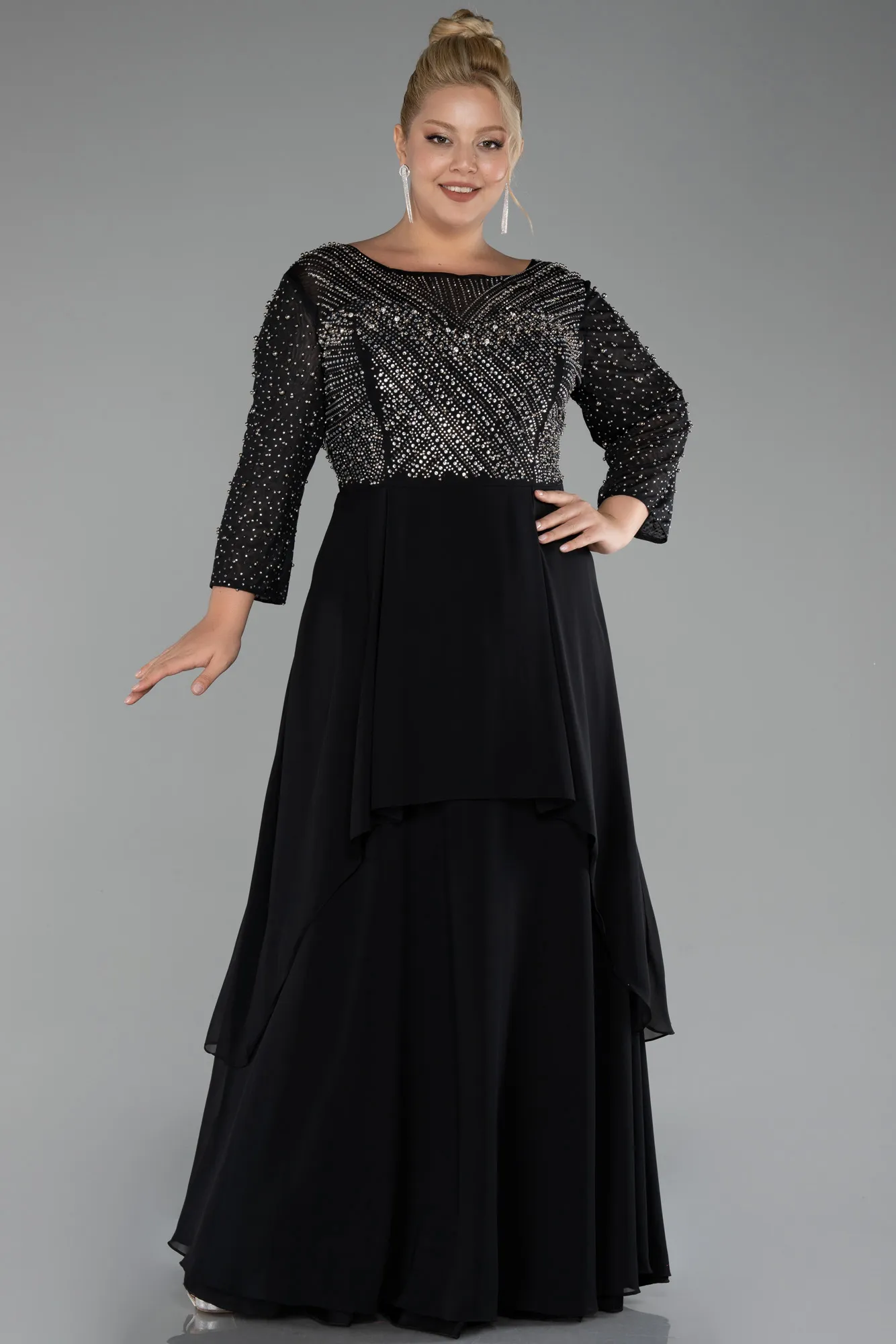 Black-Stoned Long Sleeve Chiffon Plus Size Evening Dress ABU4018