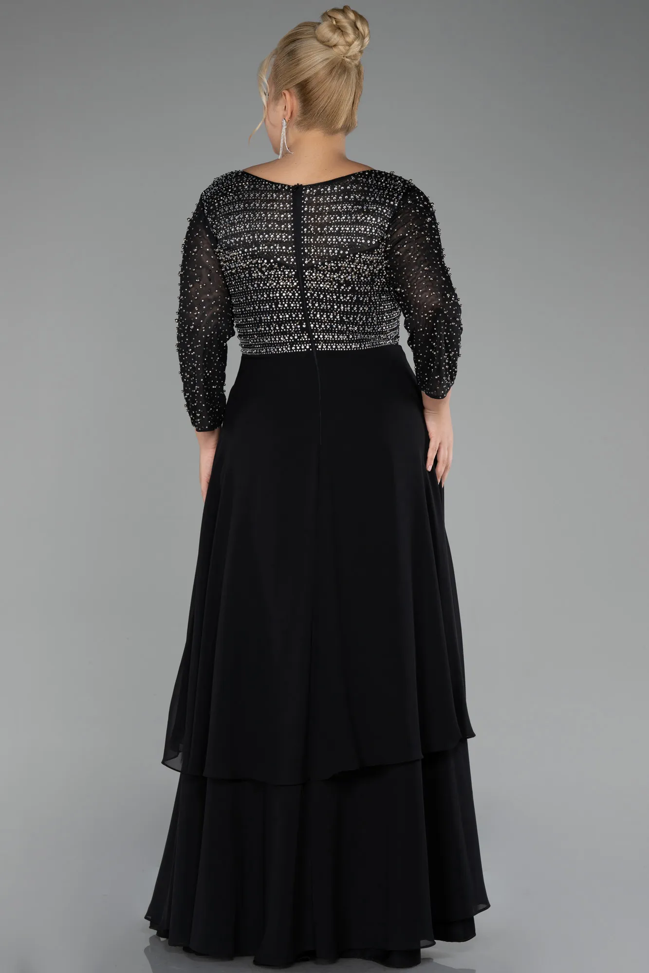 Black-Stoned Long Sleeve Chiffon Plus Size Evening Dress ABU4018