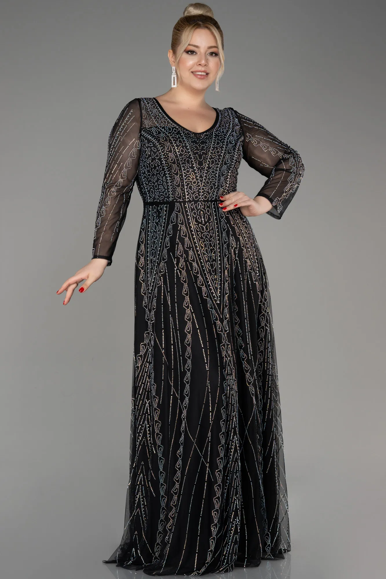 Black-Stoned Long Sleeve Formal Plus Size Dress ABU3936