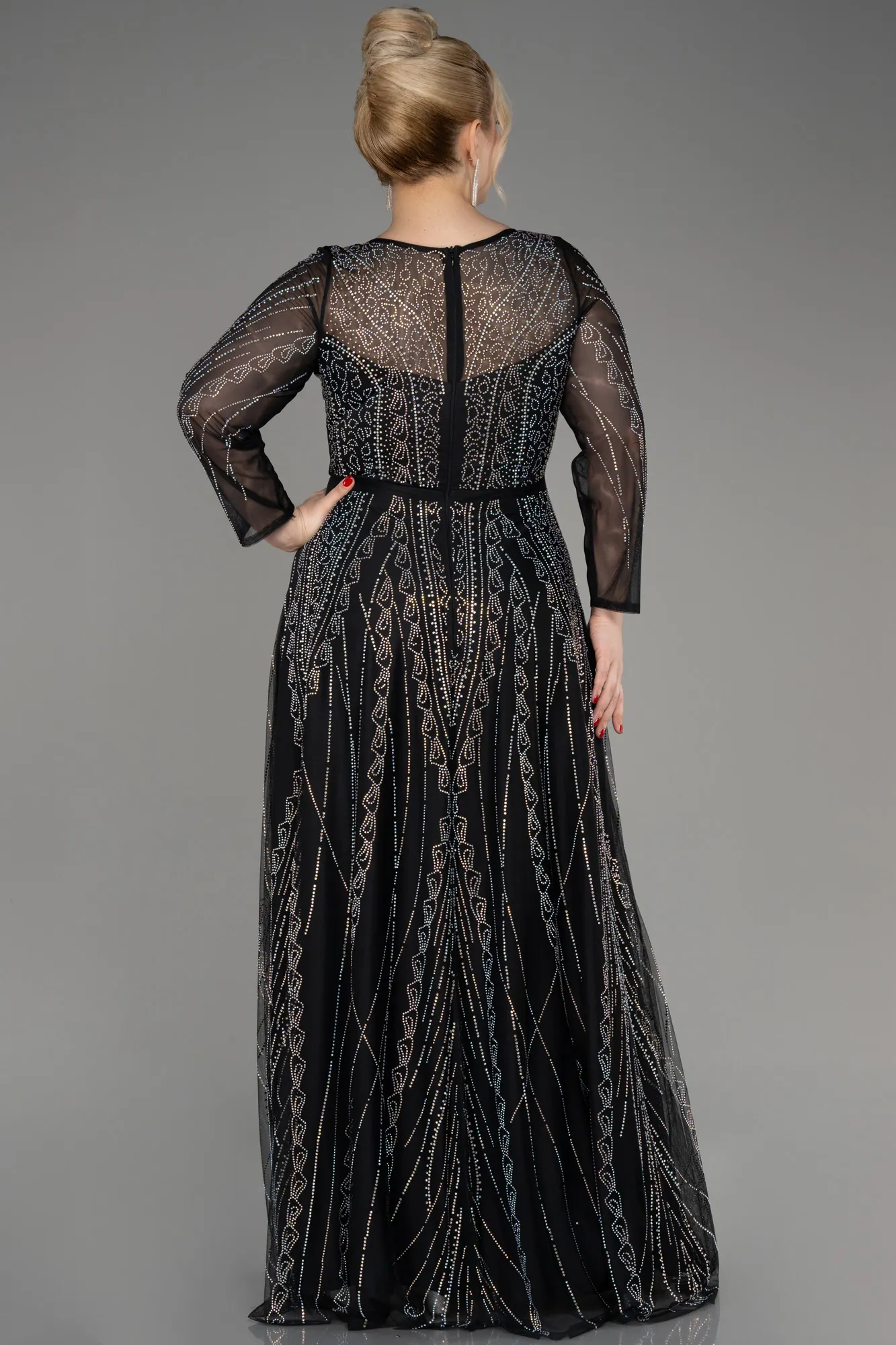 Black-Stoned Long Sleeve Formal Plus Size Dress ABU3936