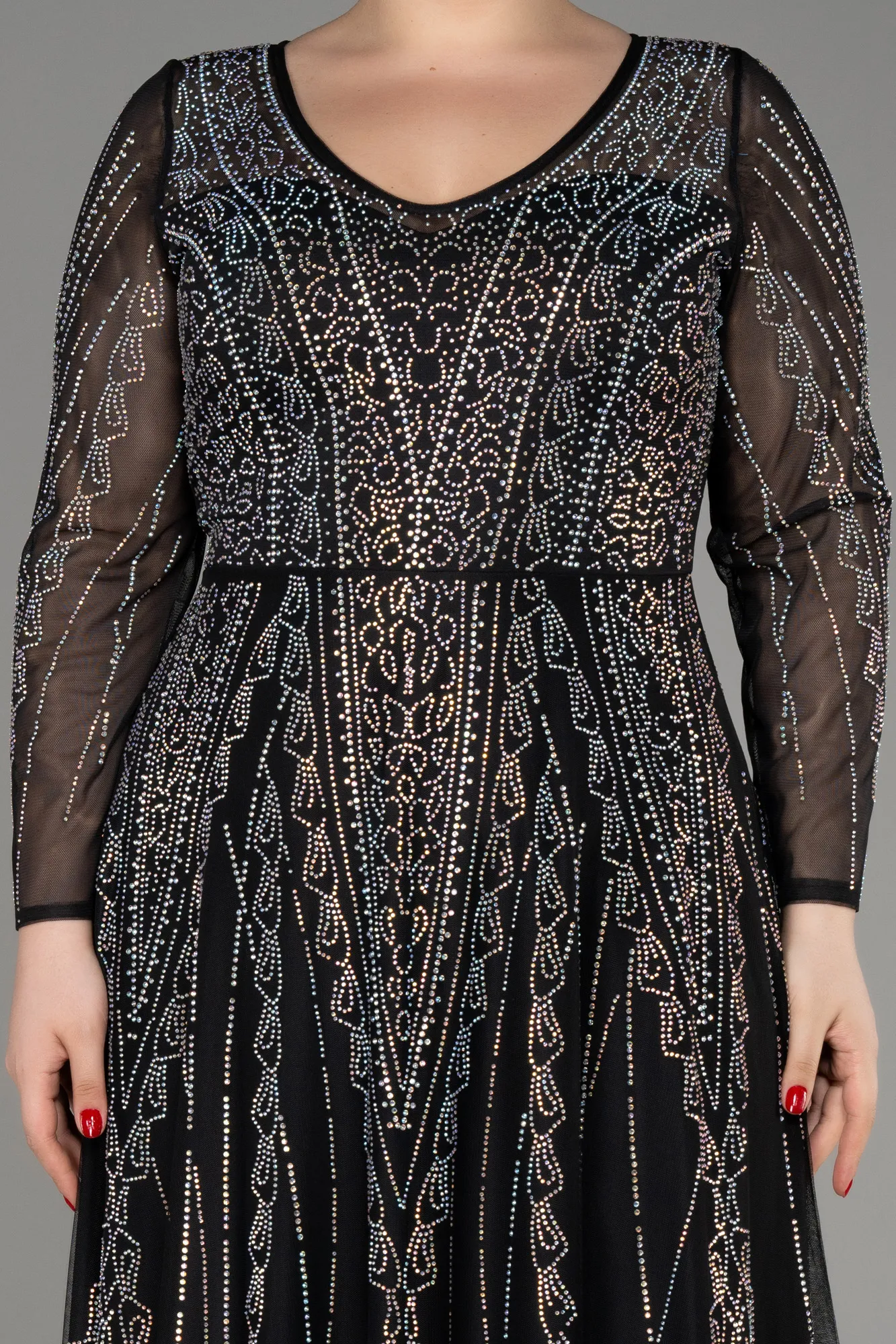 Black-Stoned Long Sleeve Formal Plus Size Dress ABU3936