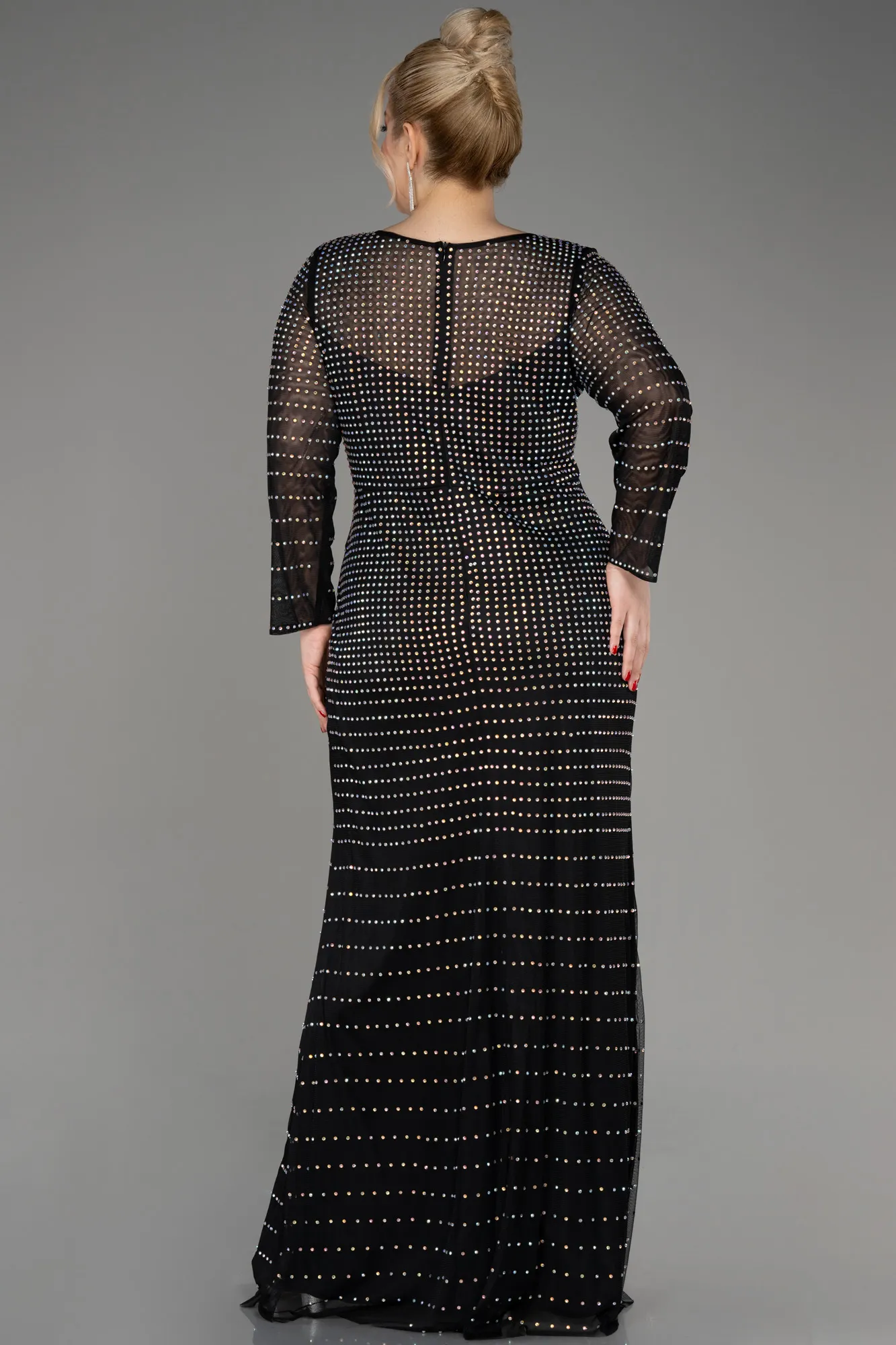 Black-Stoned Long Sleeve Long Plus Size Evening Gown ABU3933