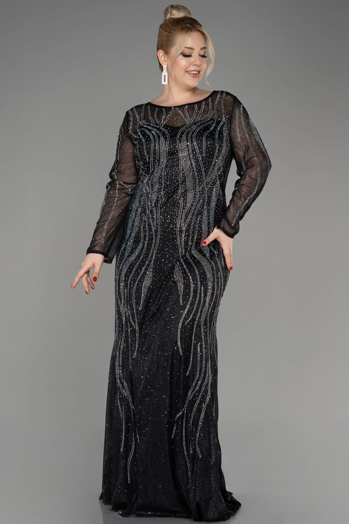 Black-Stoned Long Sleeve Plus Size Evenin Gown ABU3927