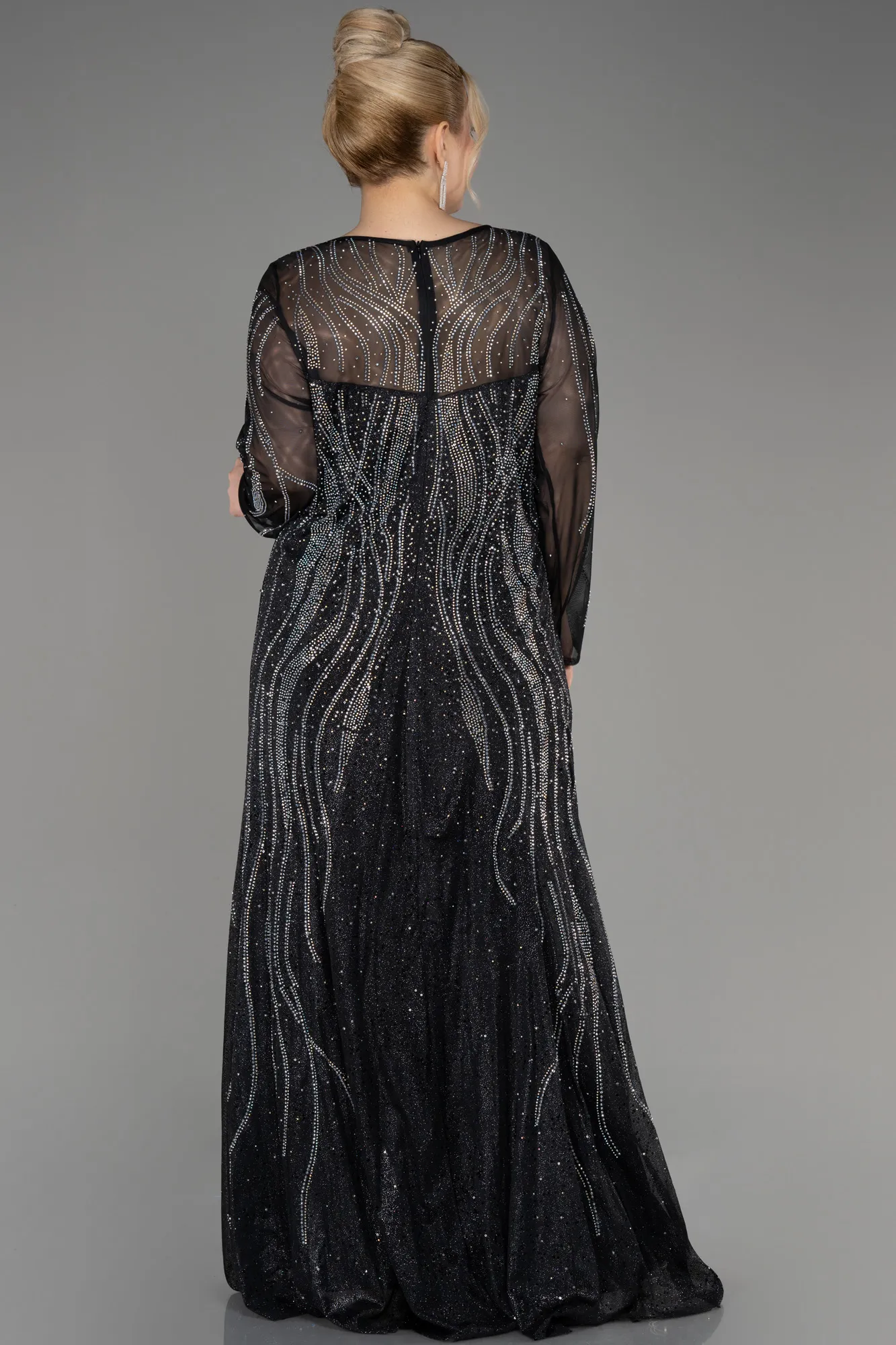 Black-Stoned Long Sleeve Plus Size Evenin Gown ABU3927