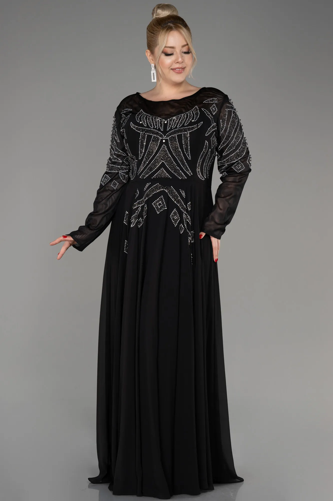 Black-Stoned Long Sleeve Plus Size Evening Dress ABU3926