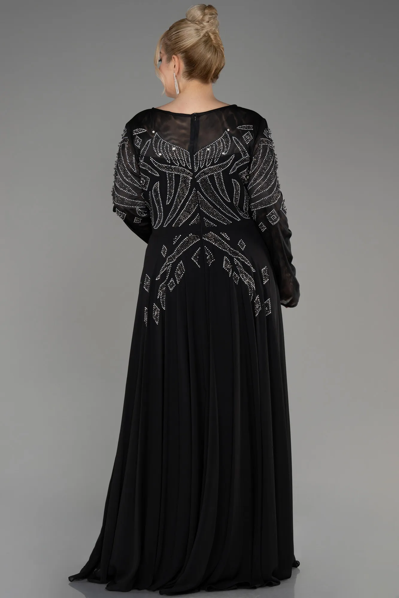 Black-Stoned Long Sleeve Plus Size Evening Dress ABU3926