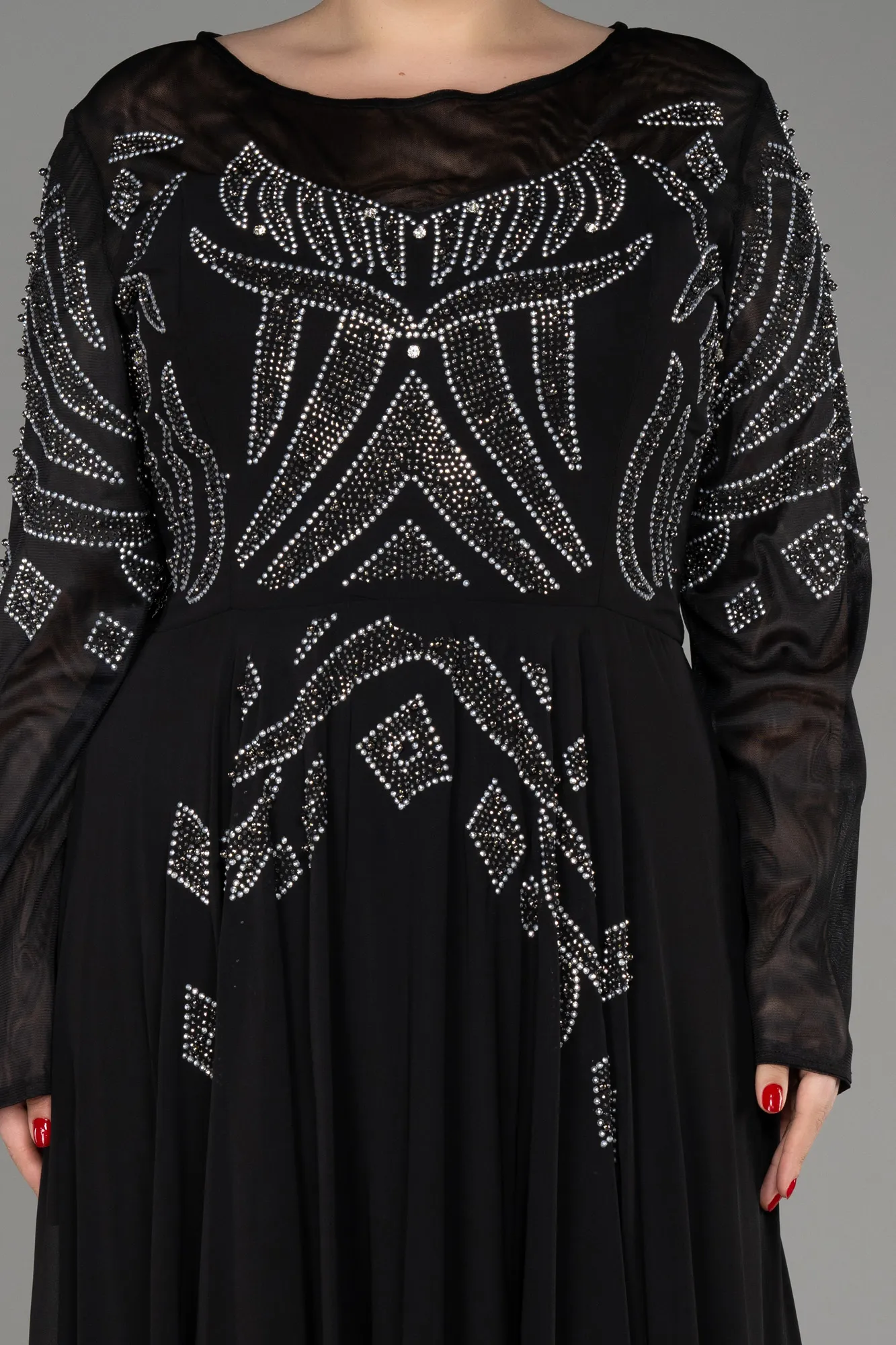 Black-Stoned Long Sleeve Plus Size Evening Dress ABU3926