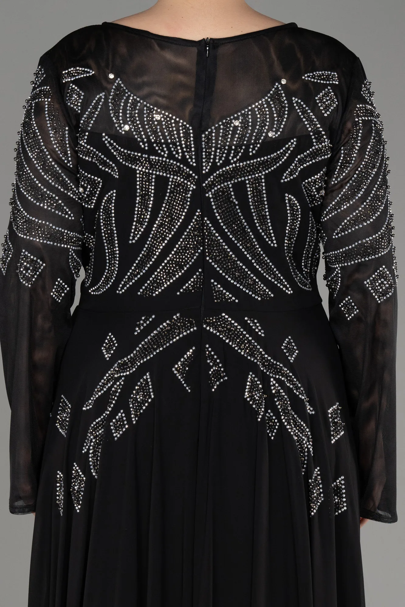 Black-Stoned Long Sleeve Plus Size Evening Dress ABU3926