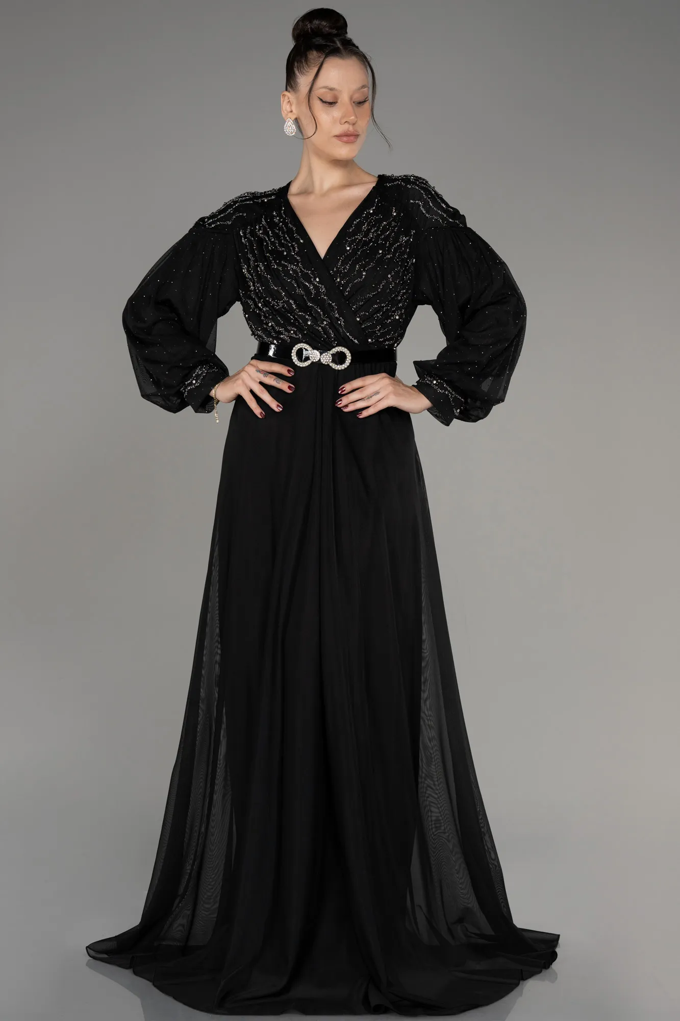 Black-Stoned Long Sleeve Plus Size Evening Dress ABU4035