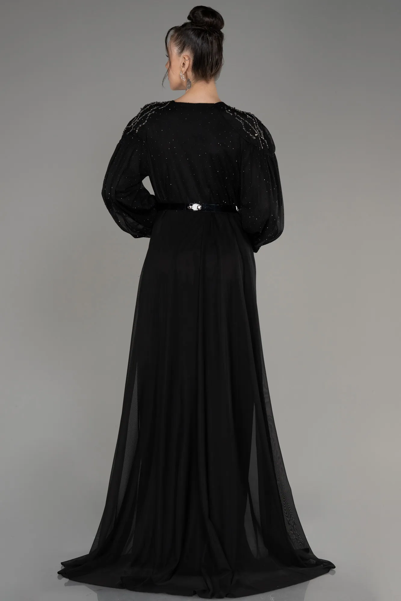 Black-Stoned Long Sleeve Plus Size Evening Dress ABU4035