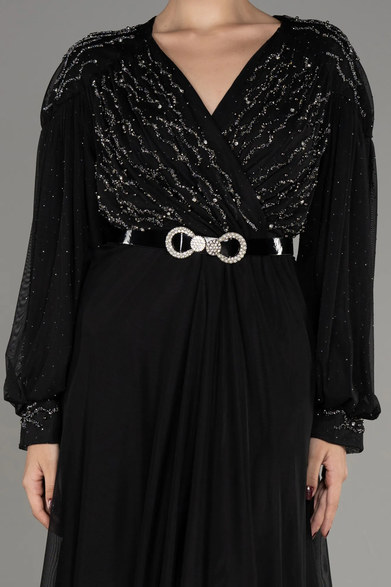 Black-Stoned Long Sleeve Plus Size Evening Dress ABU4035