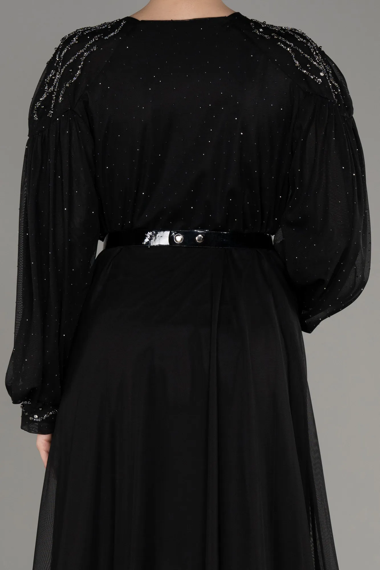 Black-Stoned Long Sleeve Plus Size Evening Dress ABU4035