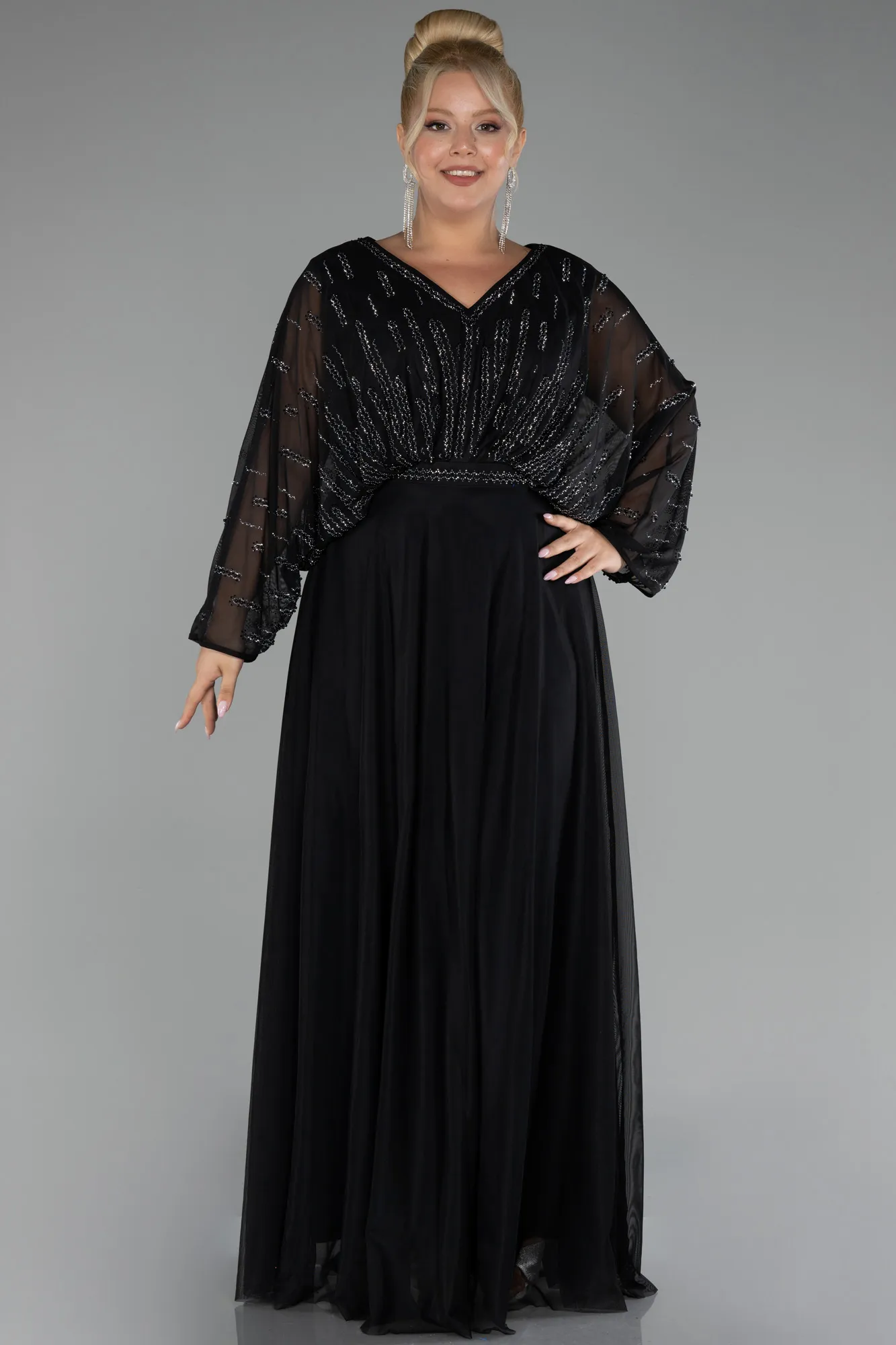 Black-Stoned Long Sleeve Plus Size Evening Dress ABU4192