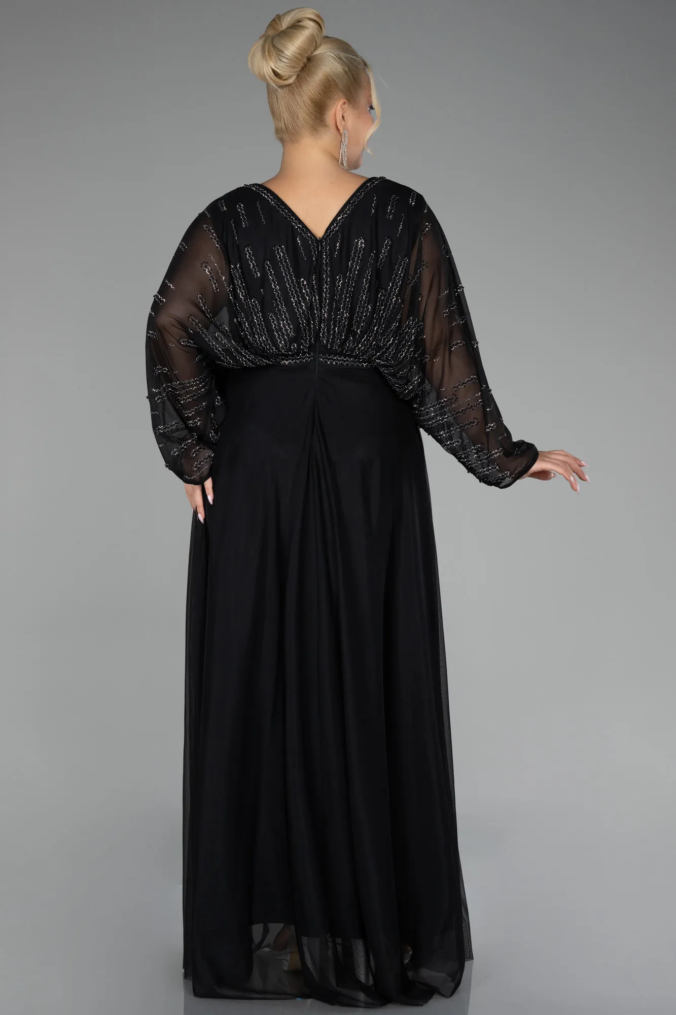 Black-Stoned Long Sleeve Plus Size Evening Dress ABU4192