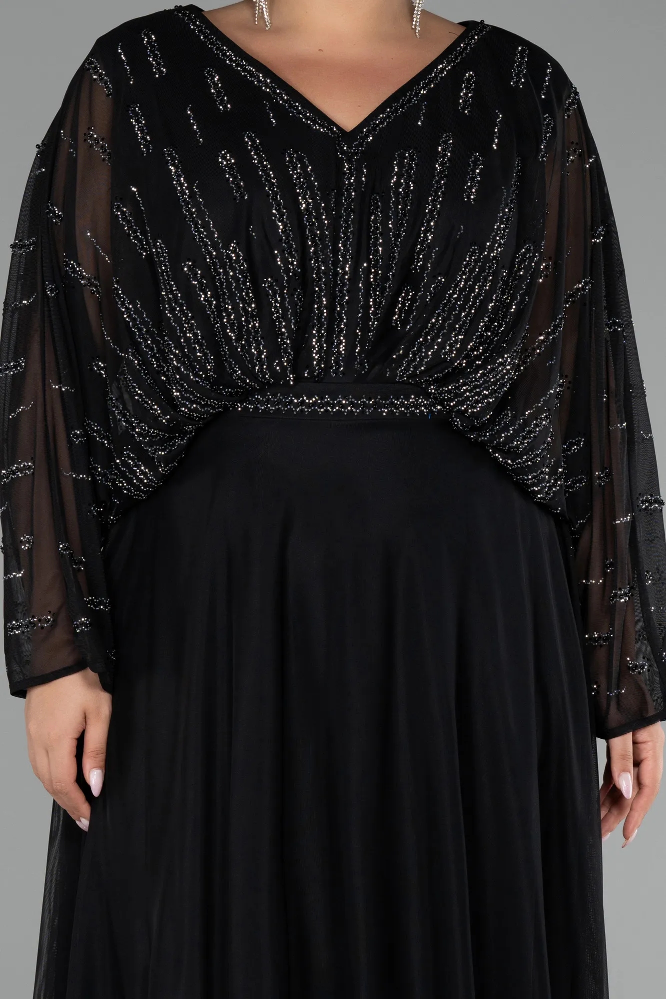 Black-Stoned Long Sleeve Plus Size Evening Dress ABU4192