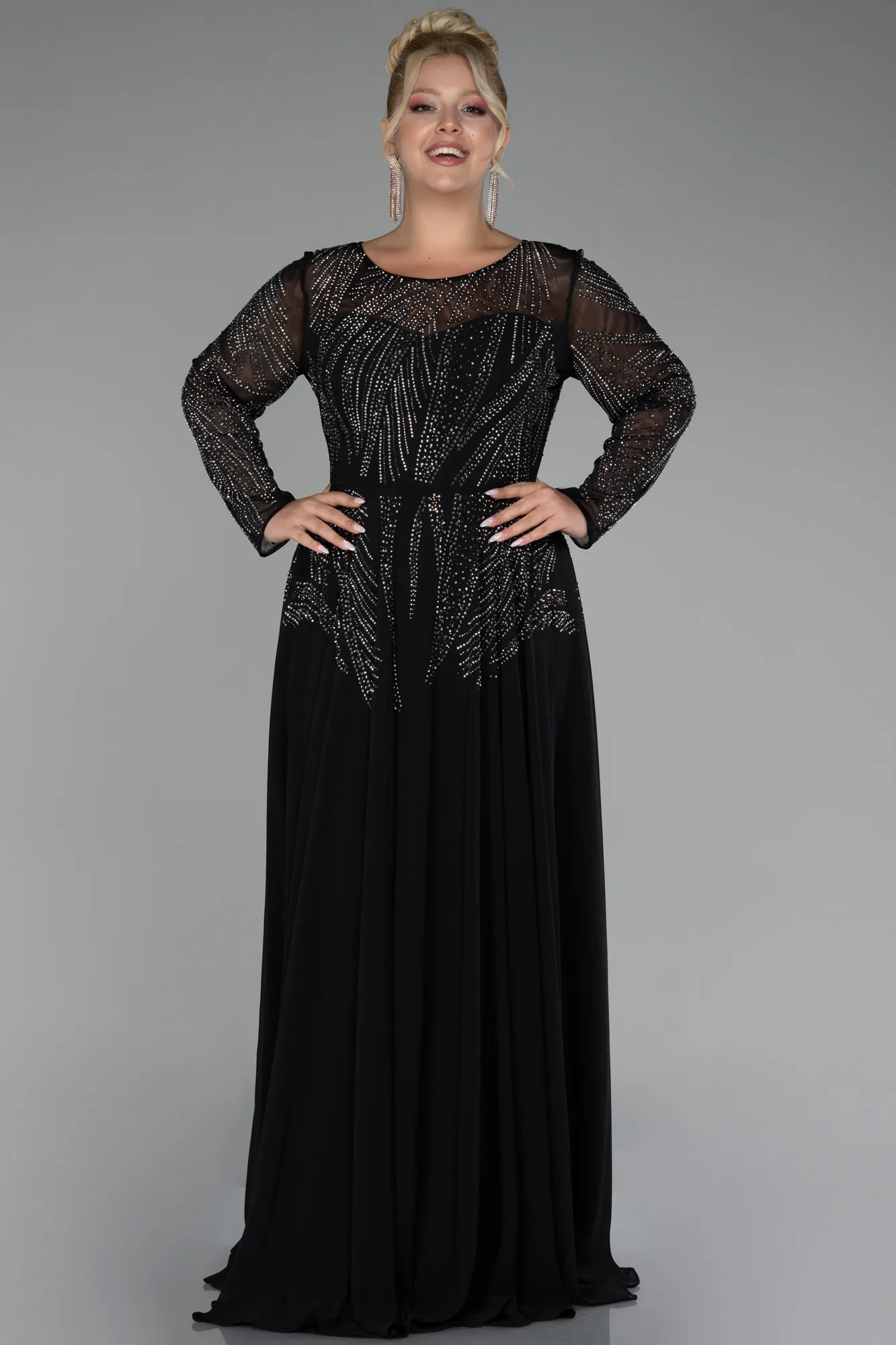 Black-Stoned Long Sleeve Plus Size Evening Gown ABU3925