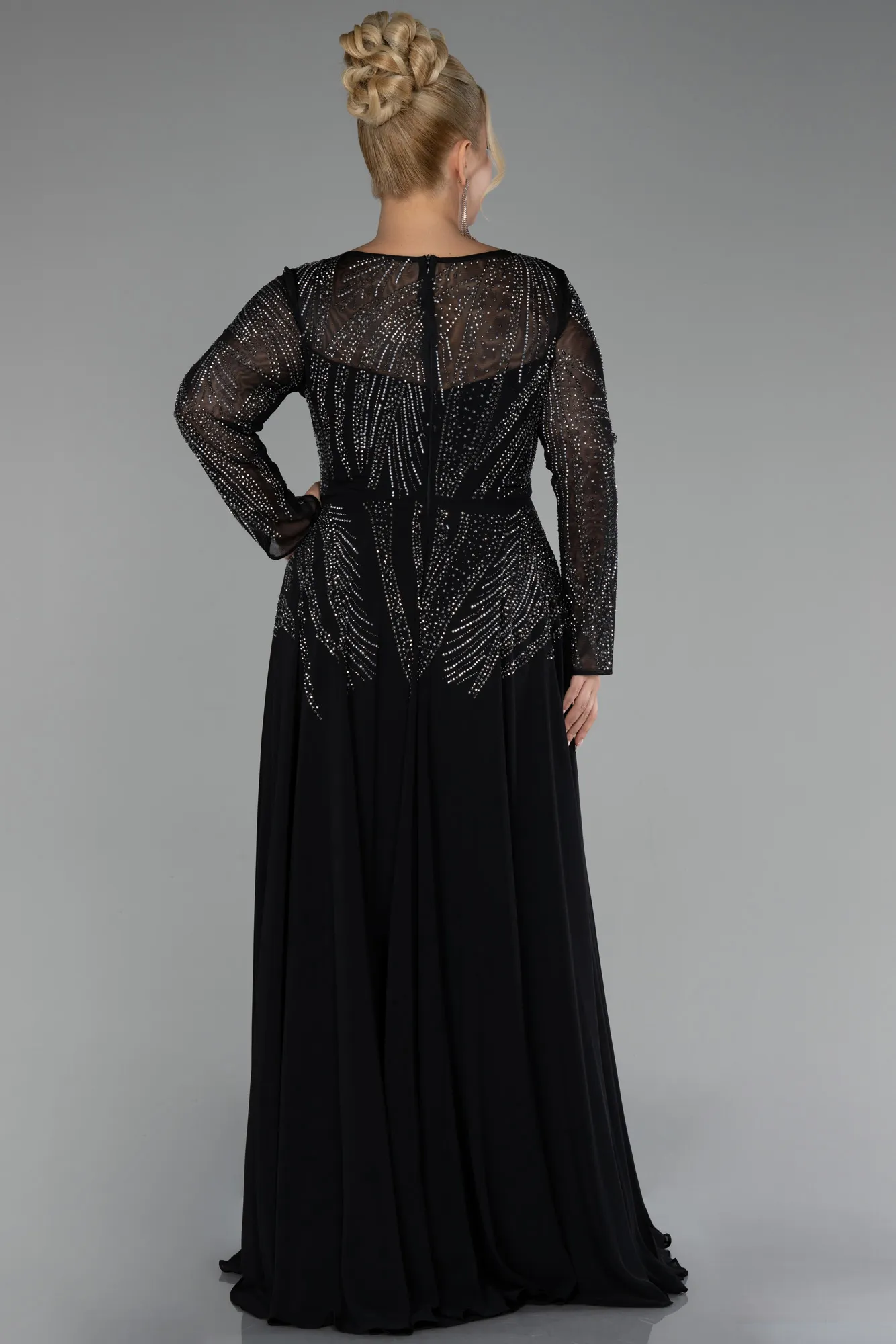 Black-Stoned Long Sleeve Plus Size Evening Gown ABU3925