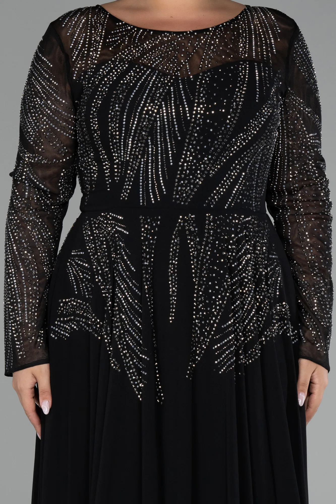 Black-Stoned Long Sleeve Plus Size Evening Gown ABU3925